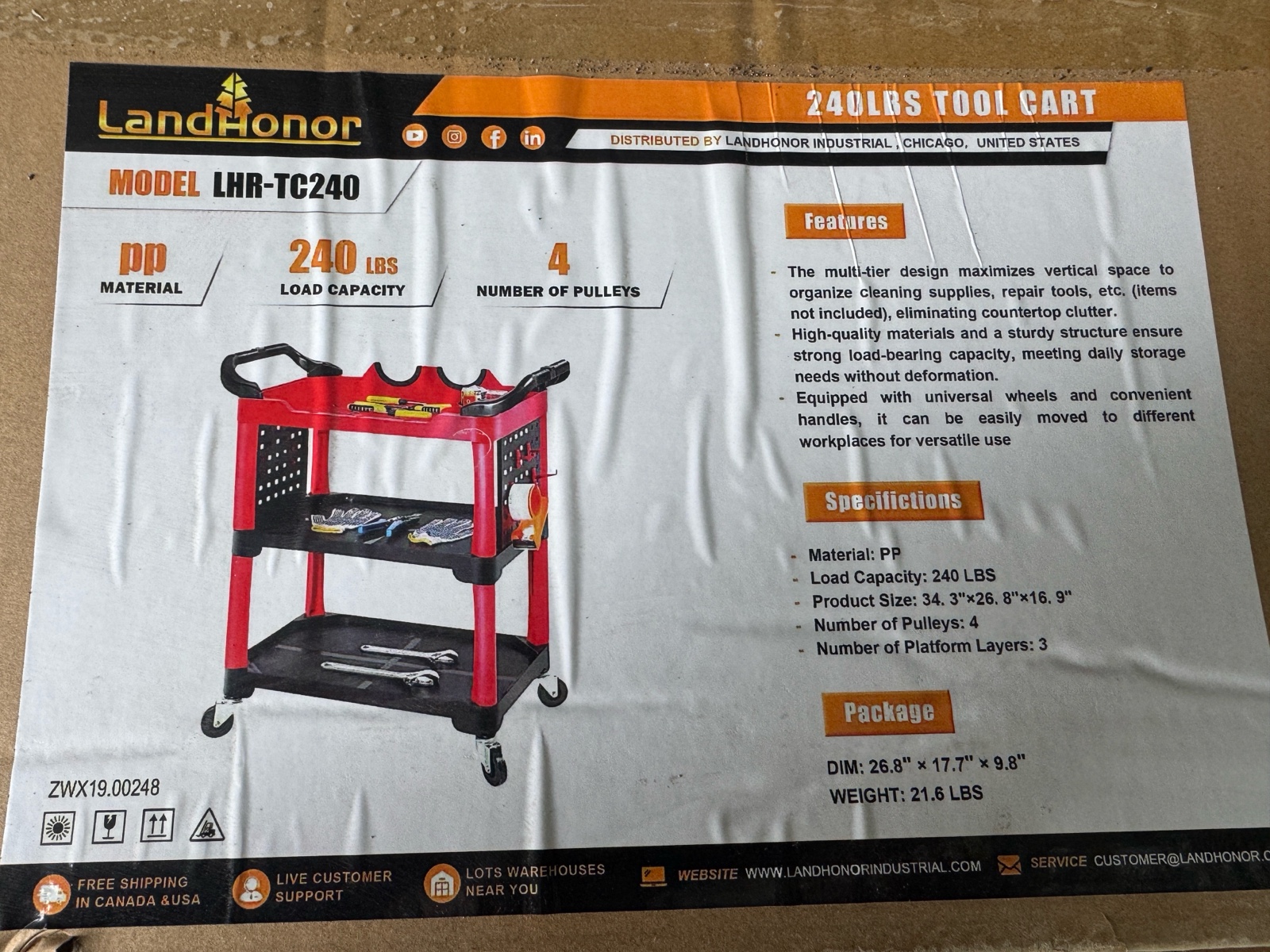 Tool Cart 240LB  LandHonor  2026  Unused  LHR-TC240