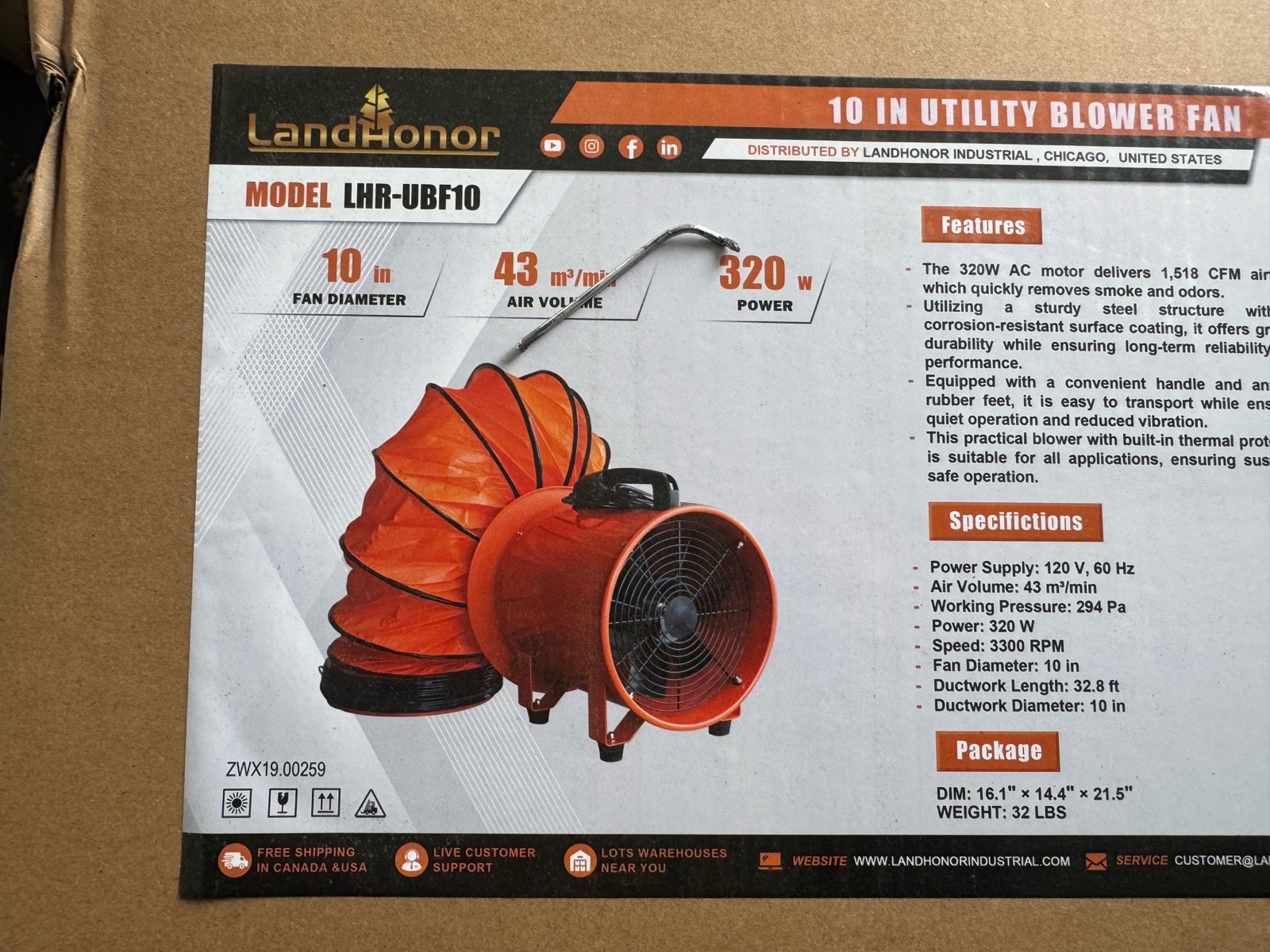 10in Blower Fan  LandHonor  2026  Unused  LHR-UBF10