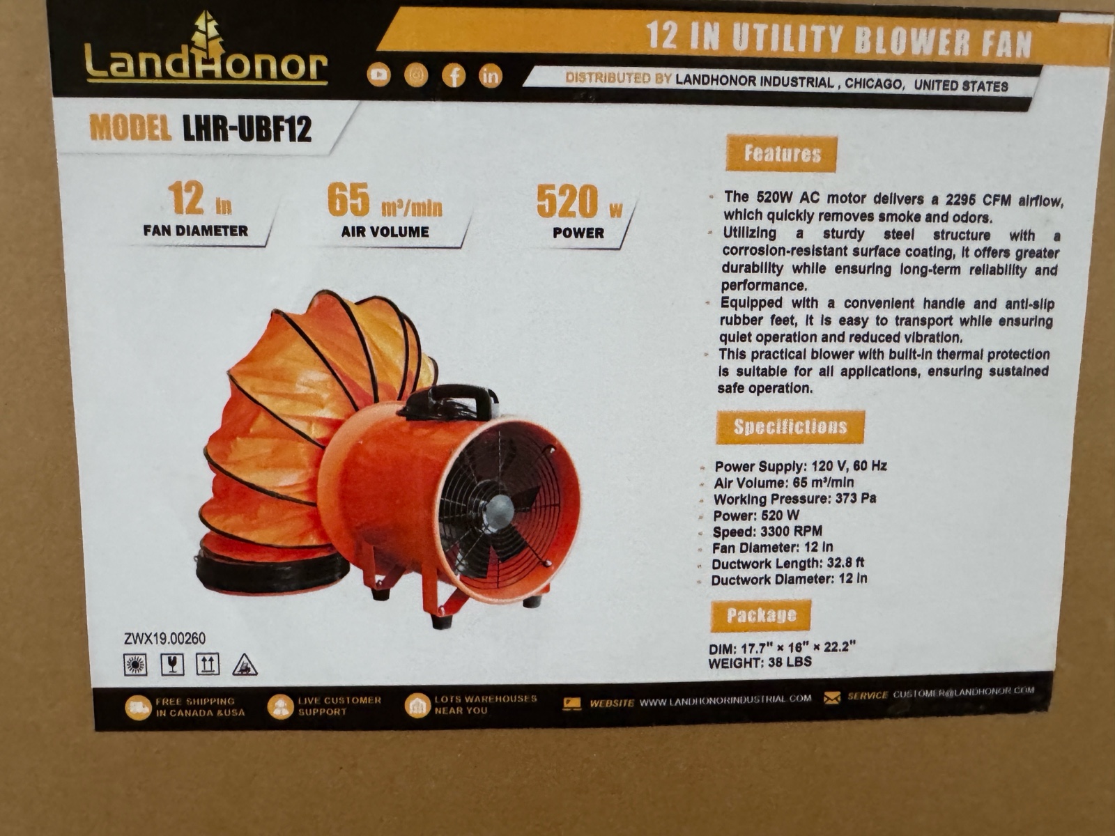 12in Blower Fan  LandHonor  2026  Unused  LHR-UBF12