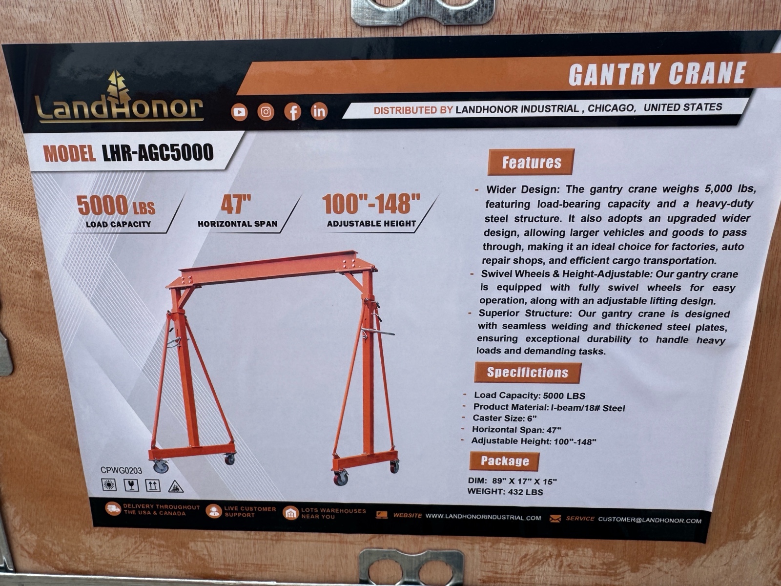 5000LB Gantry Crane  LandHonor  2026  Unused  LHR-AGC5000