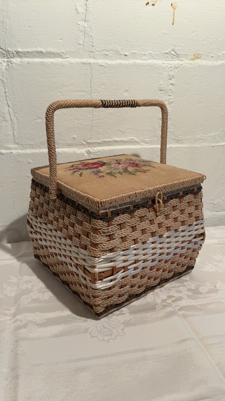 Vintage Wicker Sewing Notions Basket Embroidered Top
