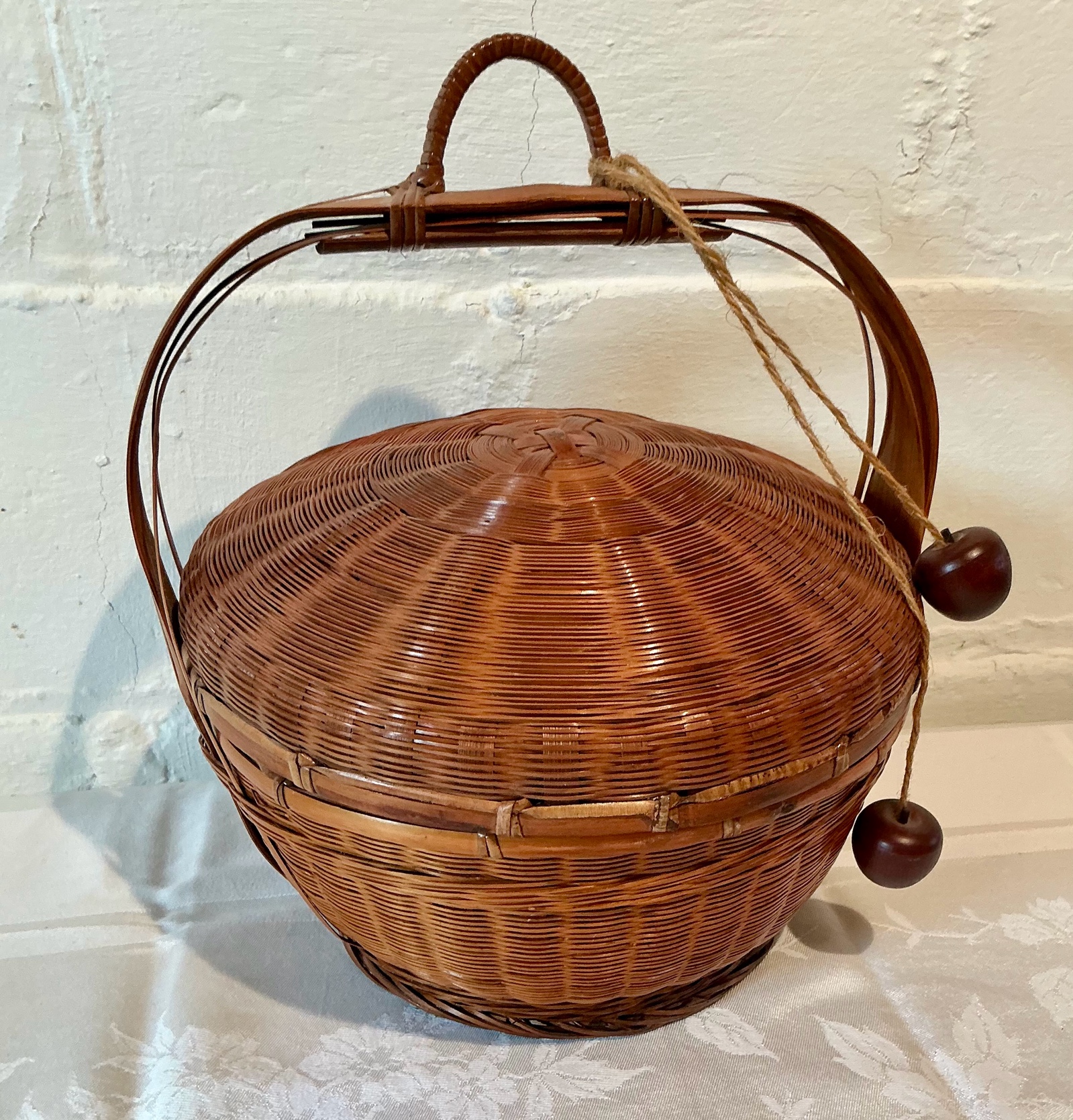 Vintage Wicker Basket with Bent Wood Handle and top