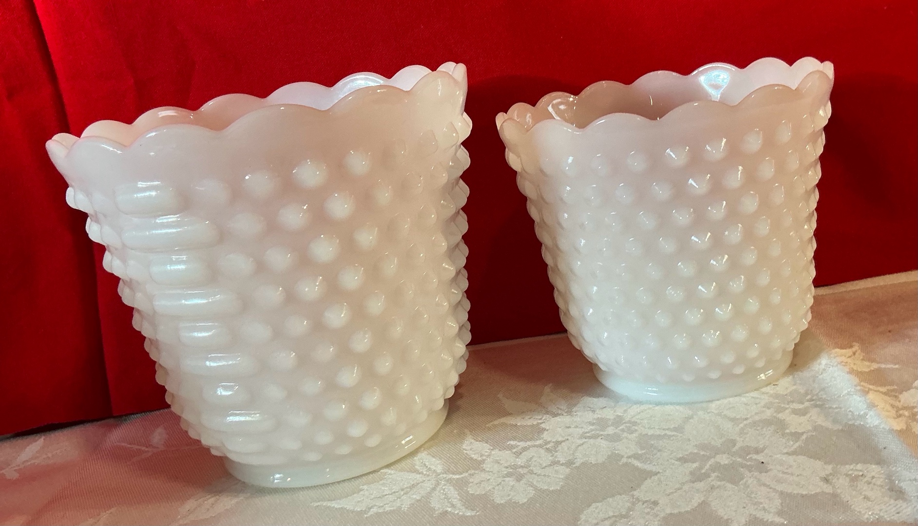 Vintage white glass pair of hobnail plantersvases