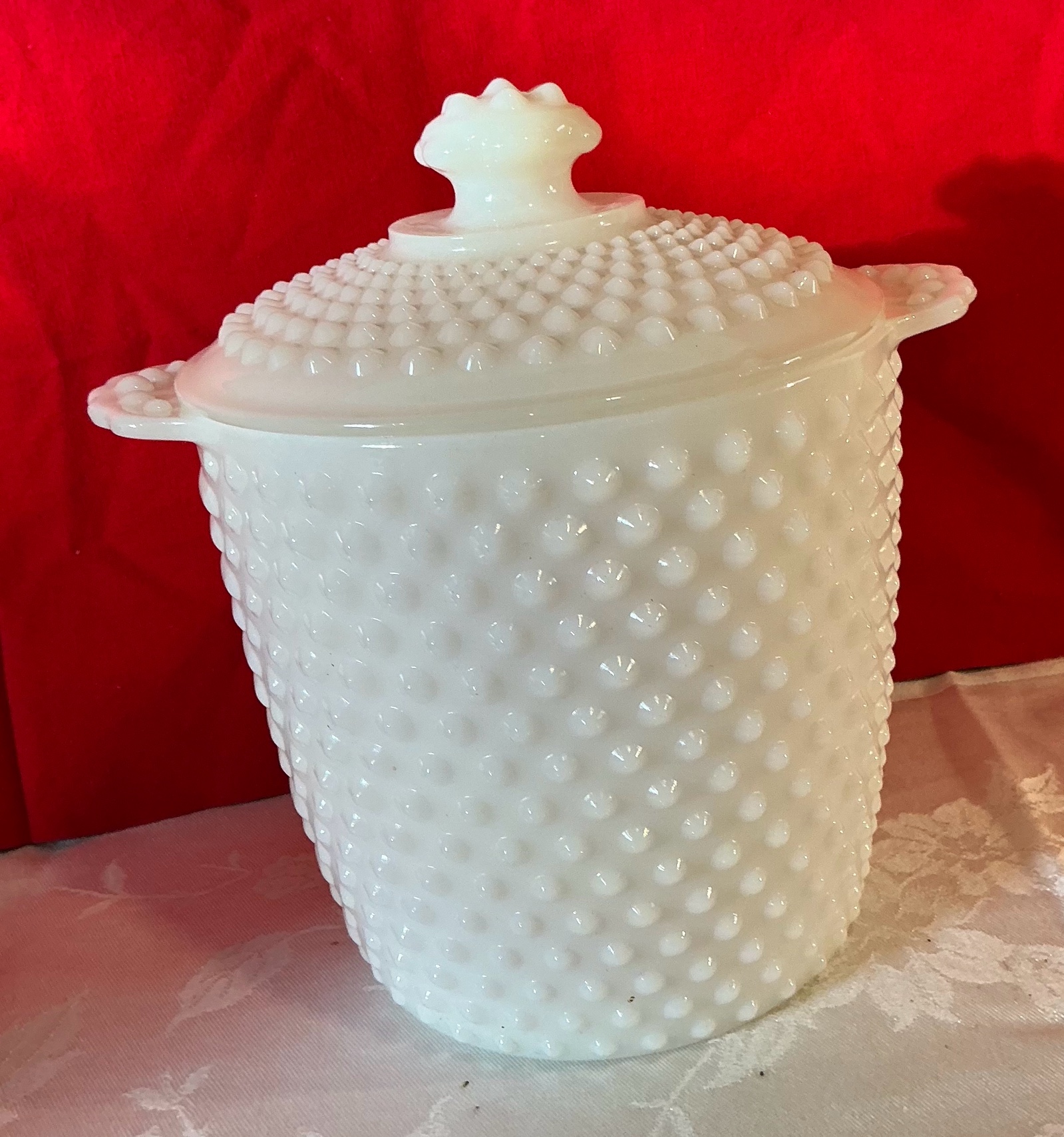 Vintage white milk glass hobnail covered cookie jar