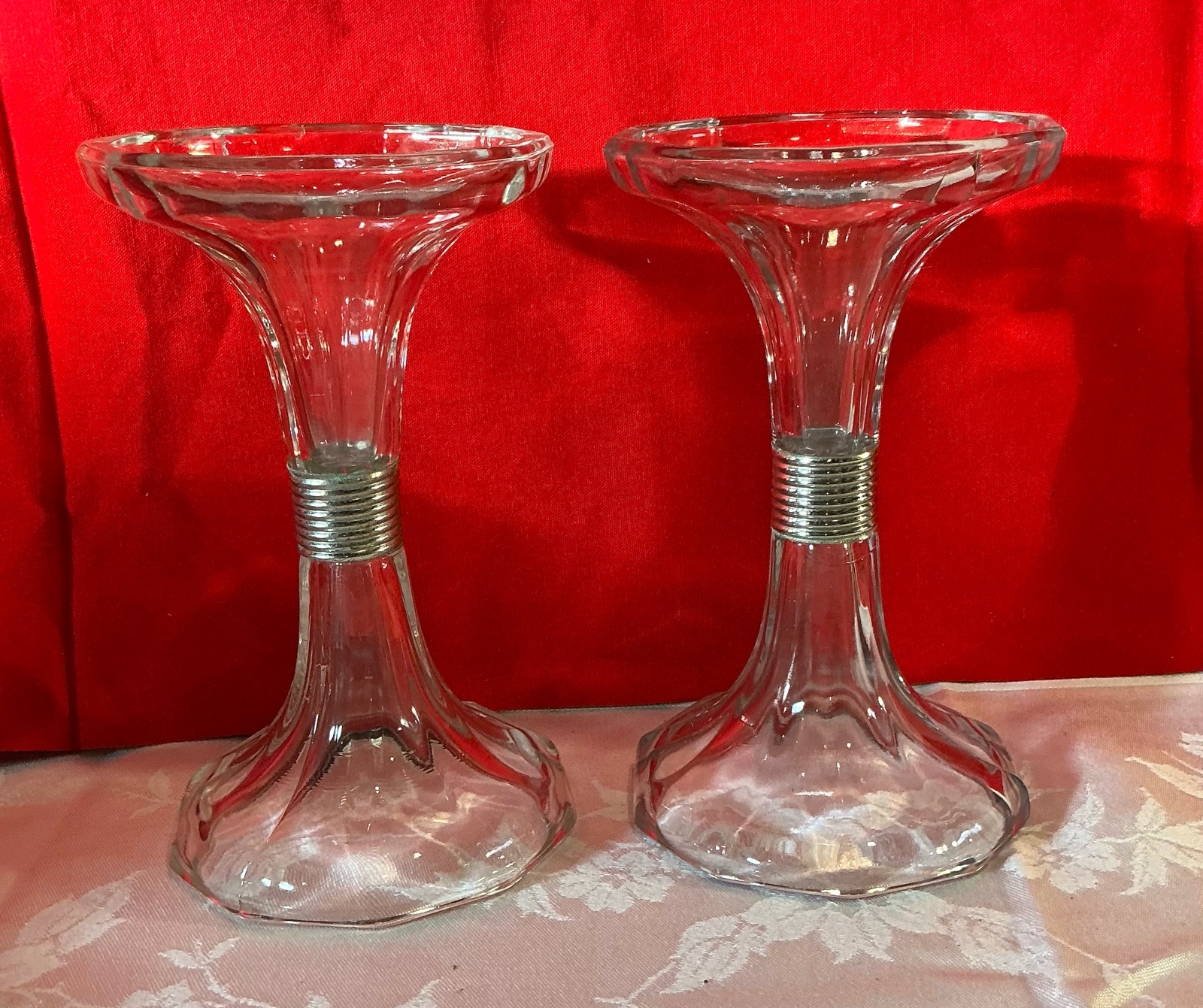 2 vintage clear glass candle stick holders