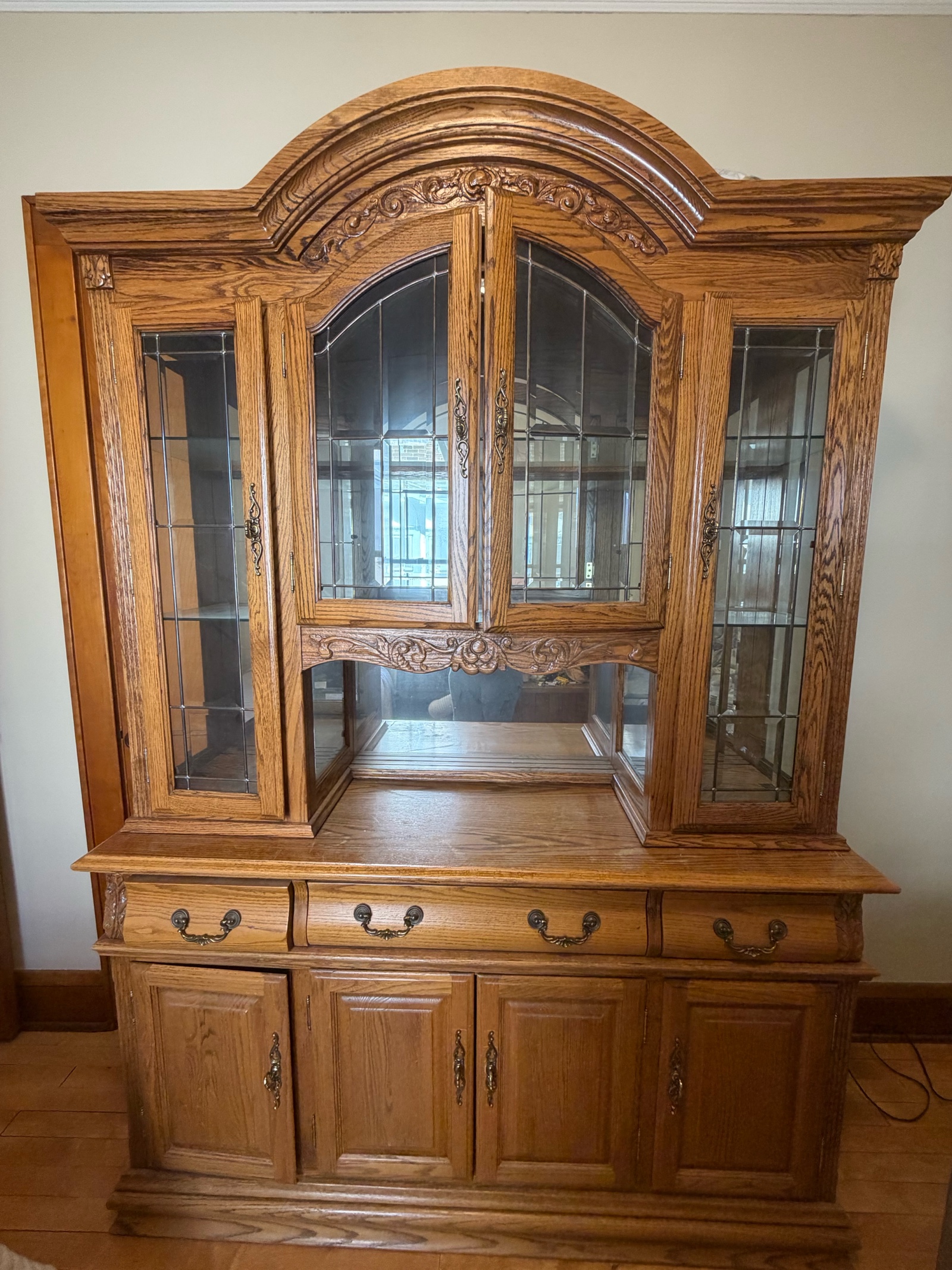 Oak Hutch Curio cabinet light with drawers and mirror back