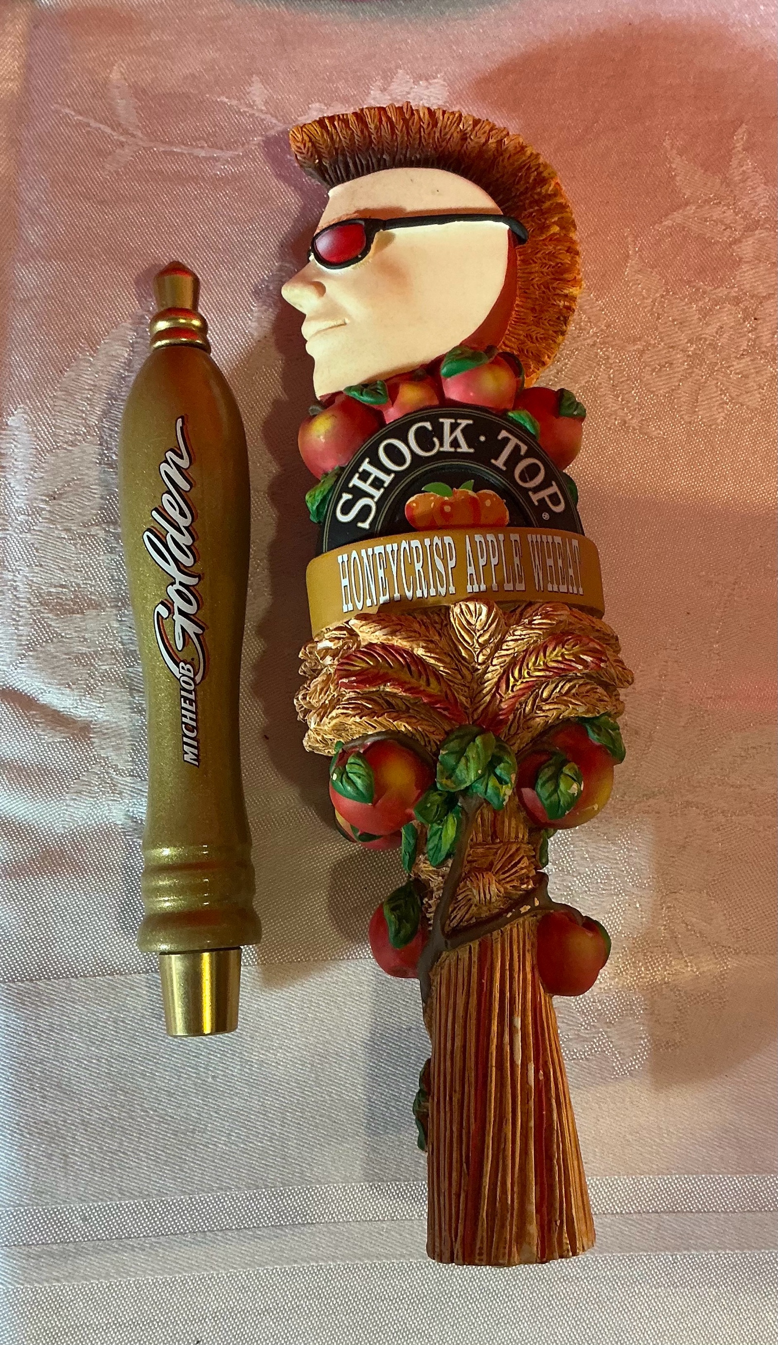 2 vintage beer tap handles, shock top and Michelob golden