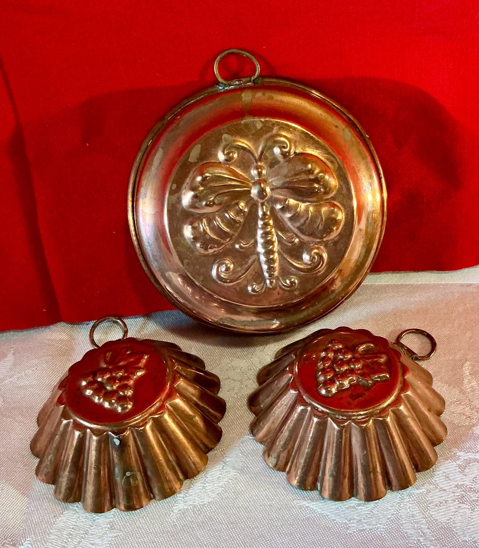 3 copper tin lined molds butterfly and grape