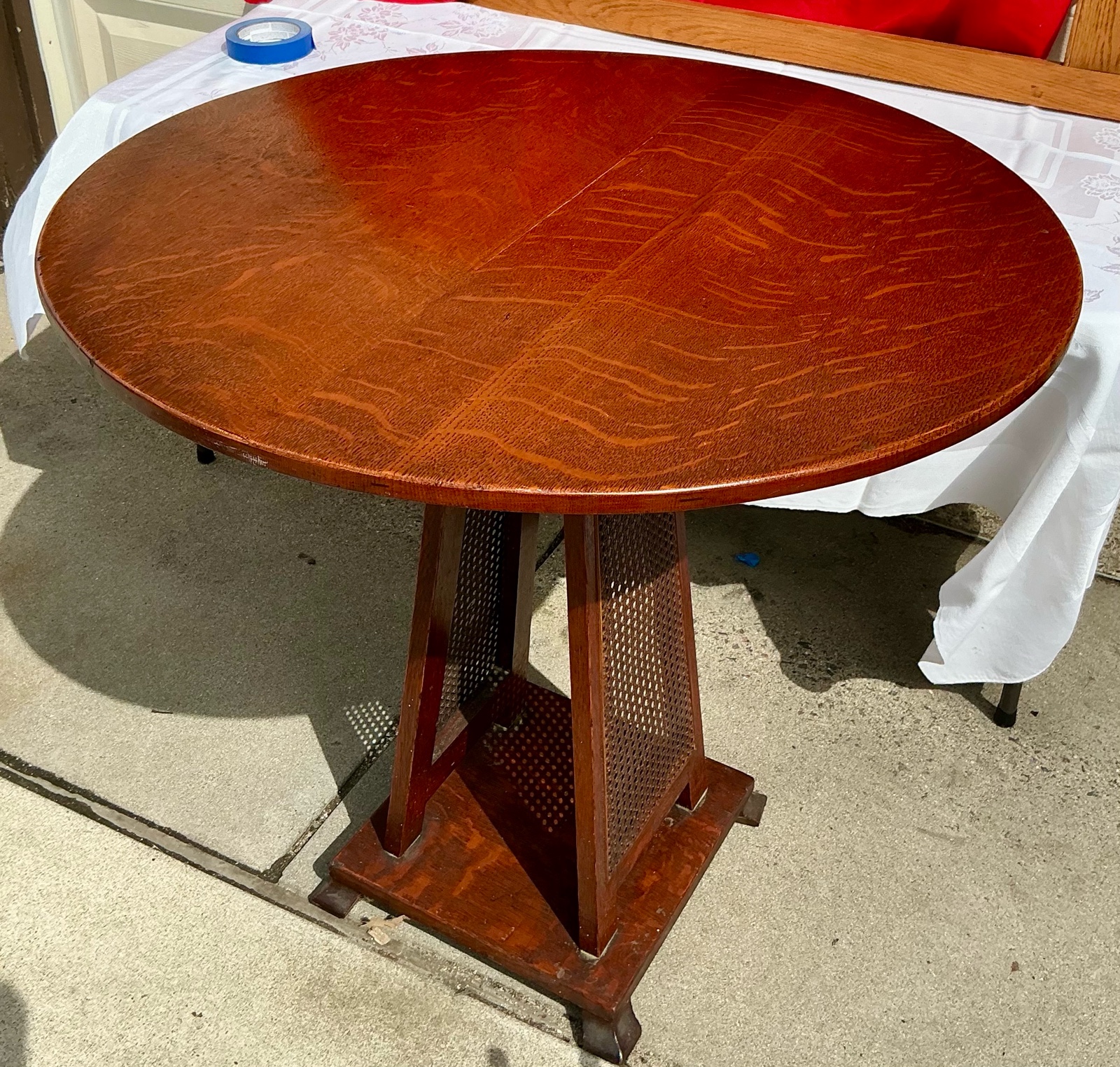 Vintage Oak wood tilt top table with wicker base