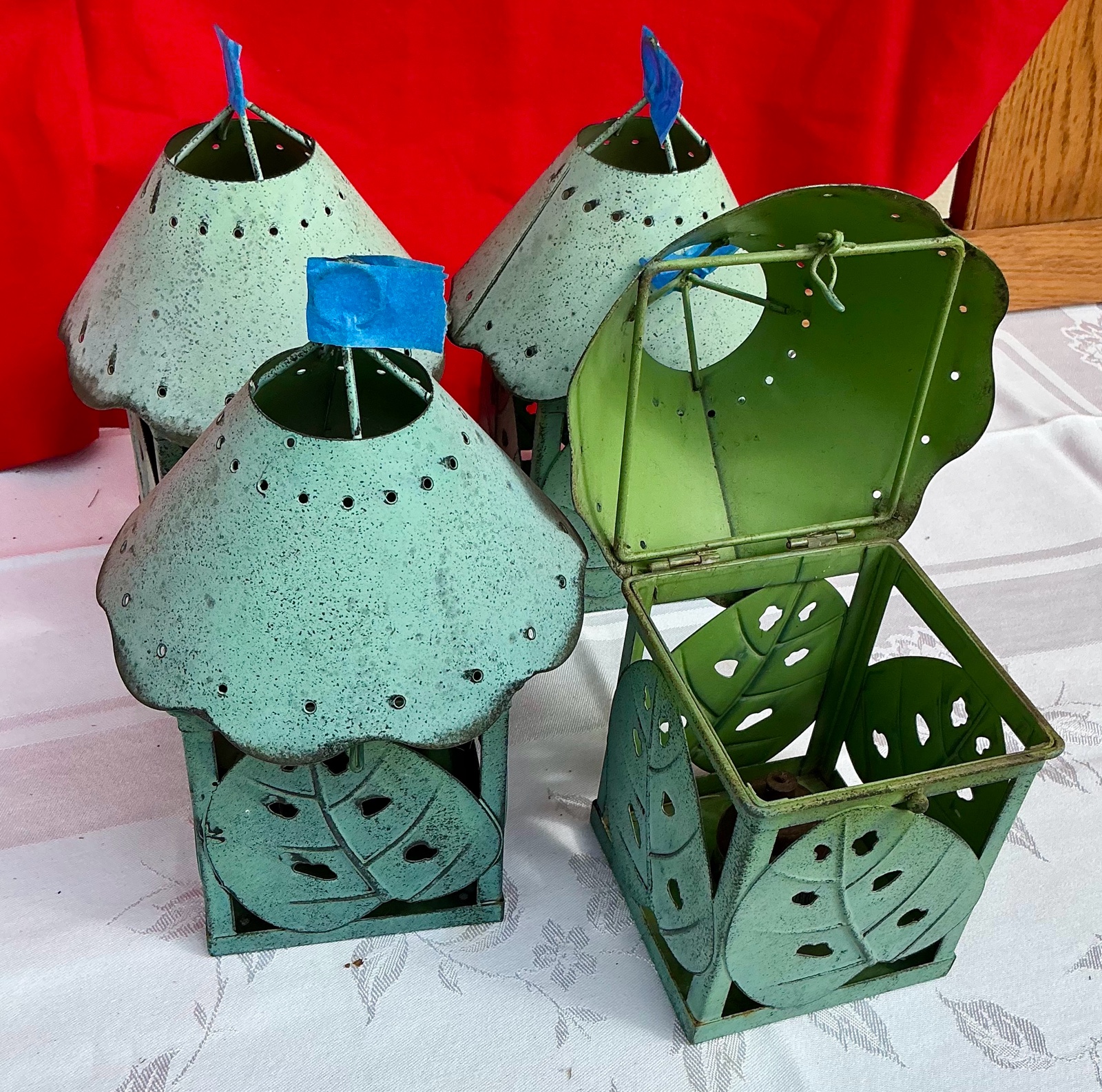 4 pierced tin outdoor green candle holders