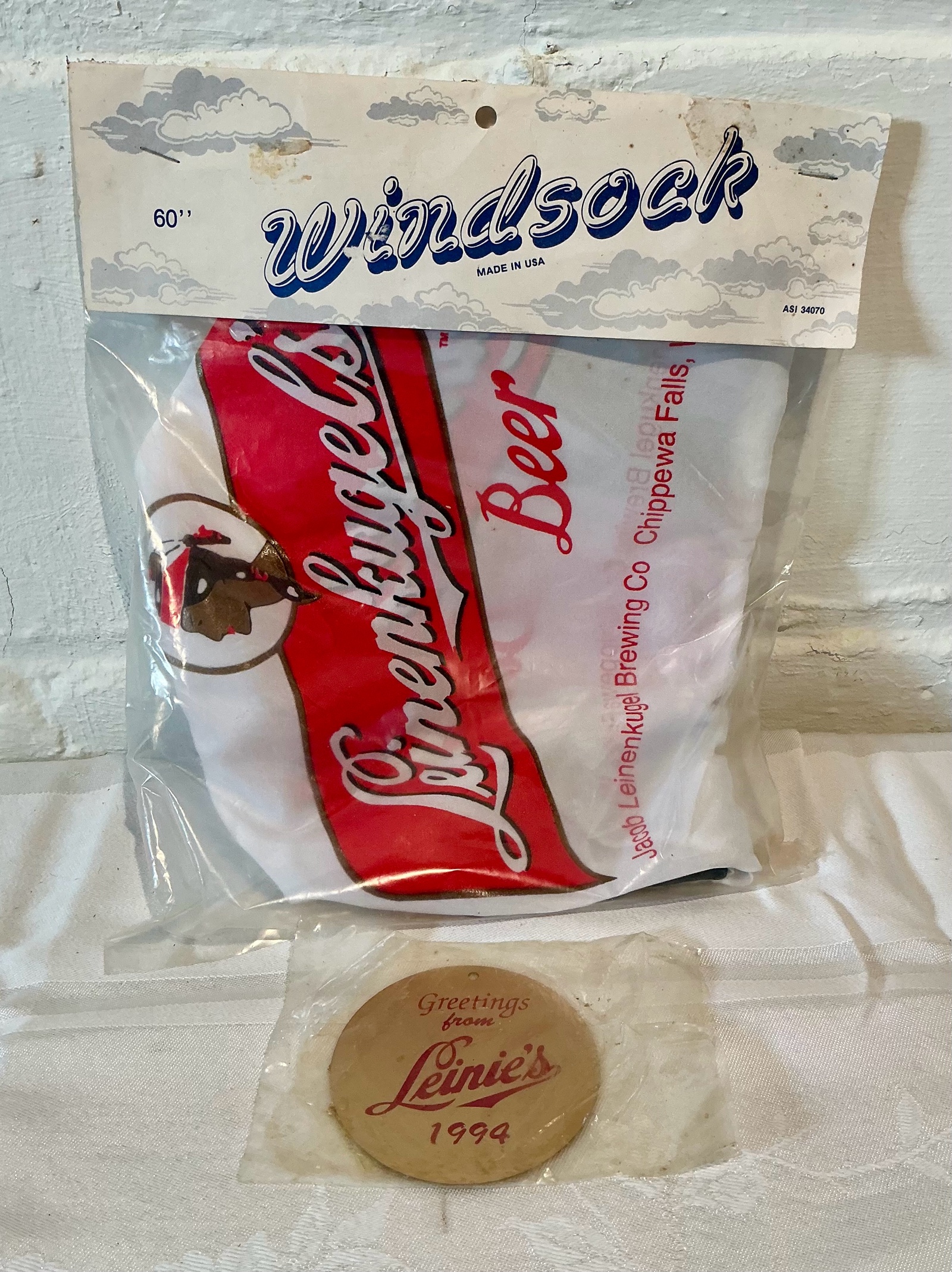Leinenkugel Windsock and 1994 Christmas Metal Ornament