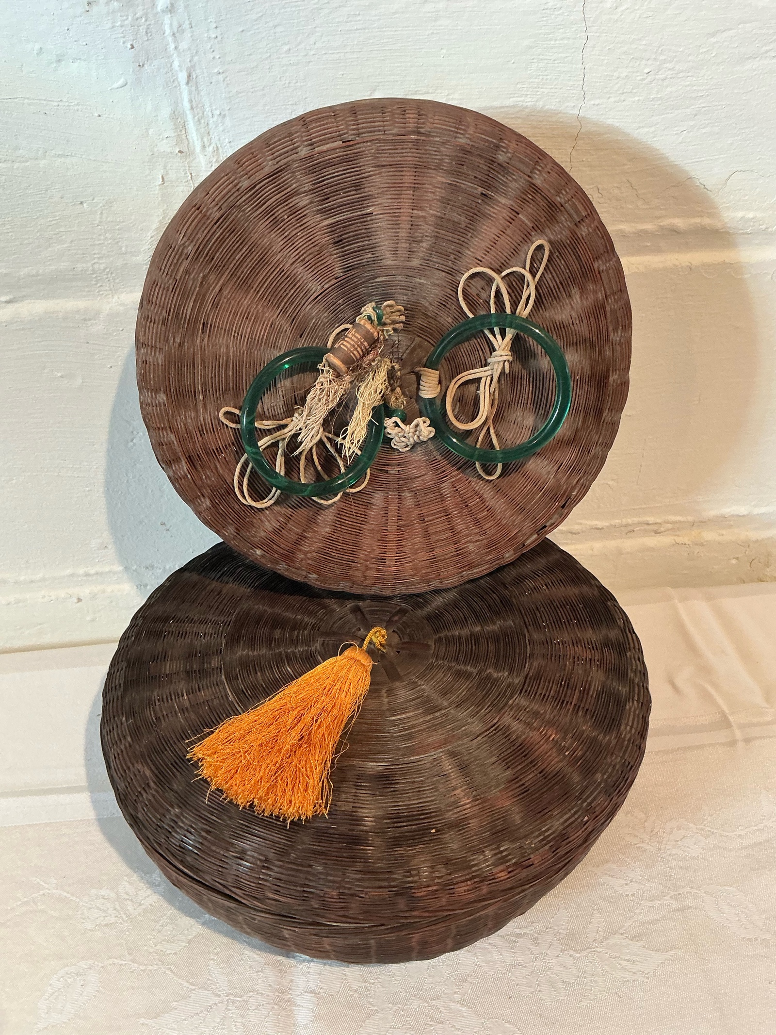 2 Wicker Round Sewing Baskets Chinese Style Decorative top