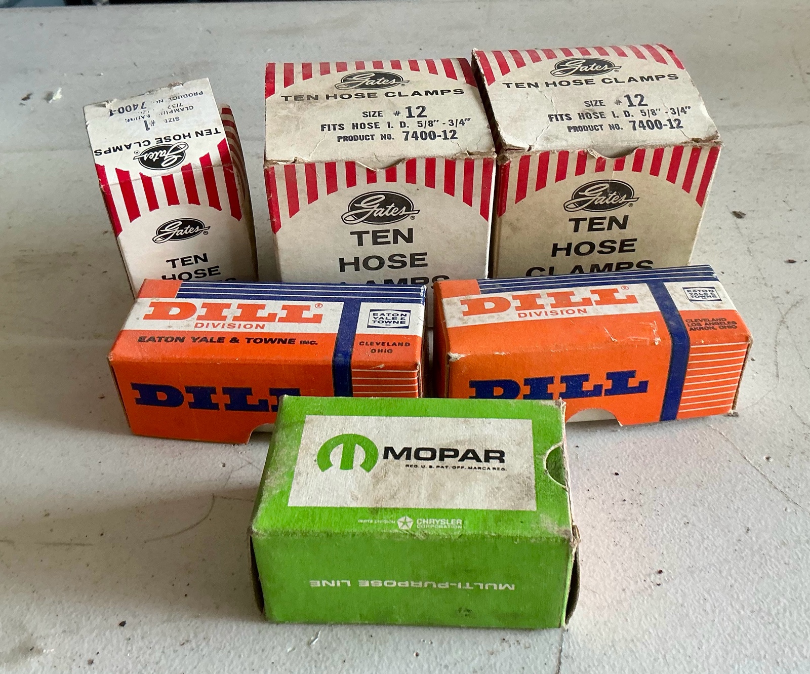 Gates hose clamps, dill valves, mopar screws