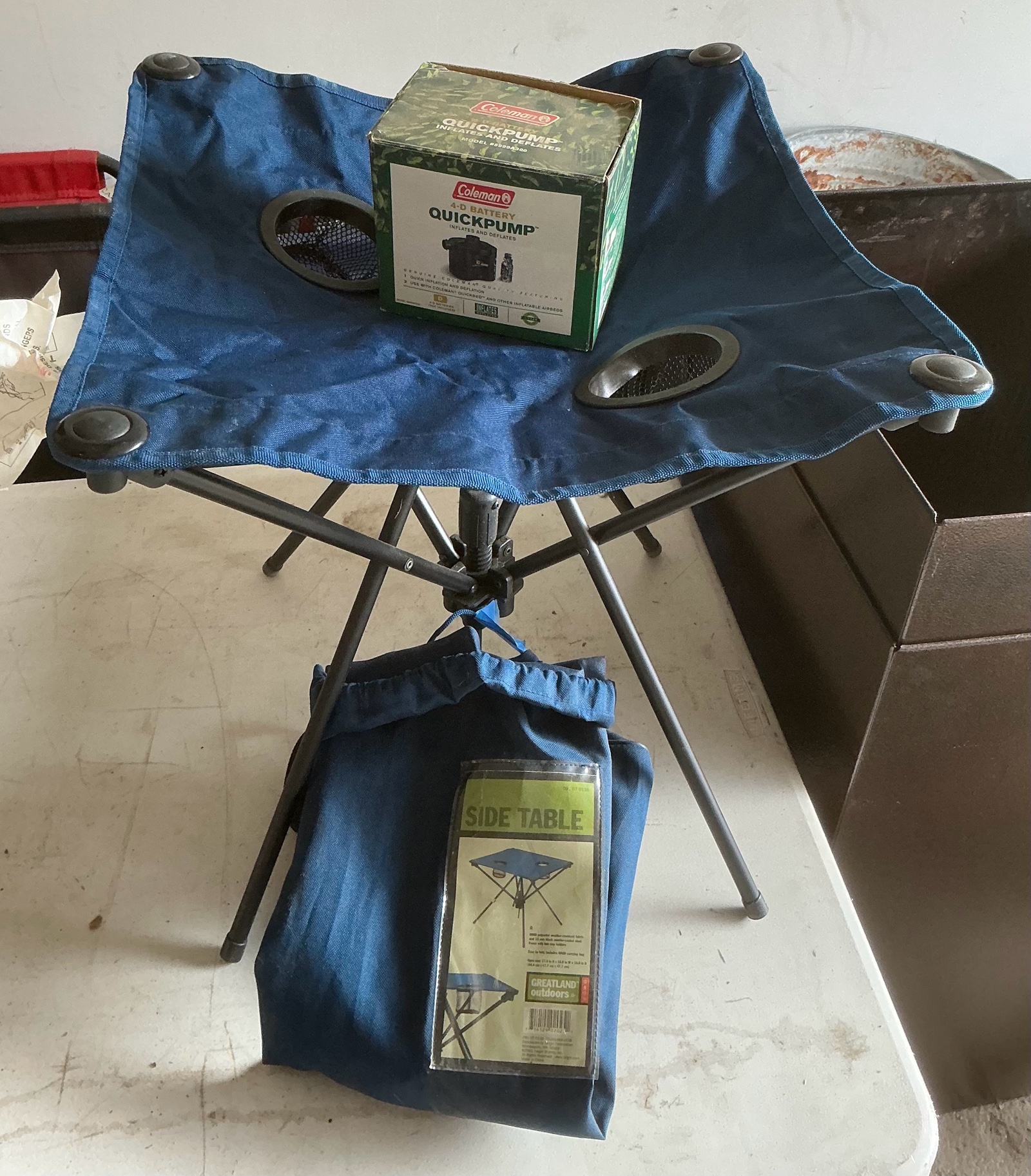 Camping foldable table and Coleman quick pump