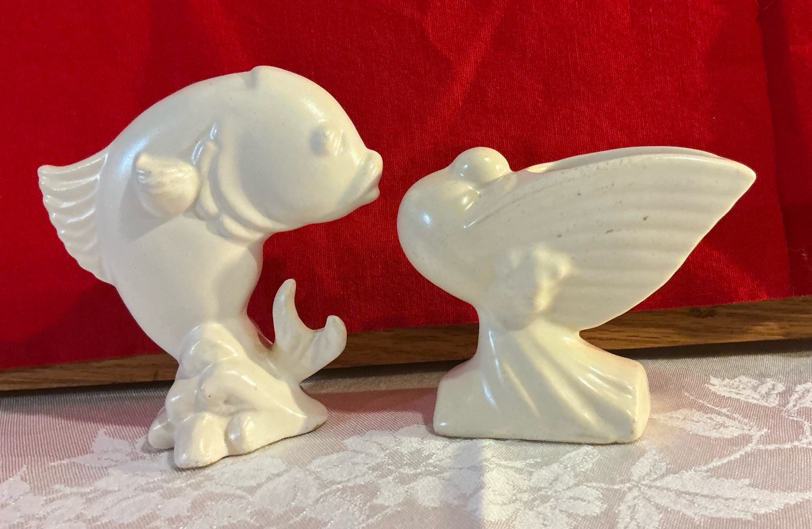 Vintage white pottery bird & fish
