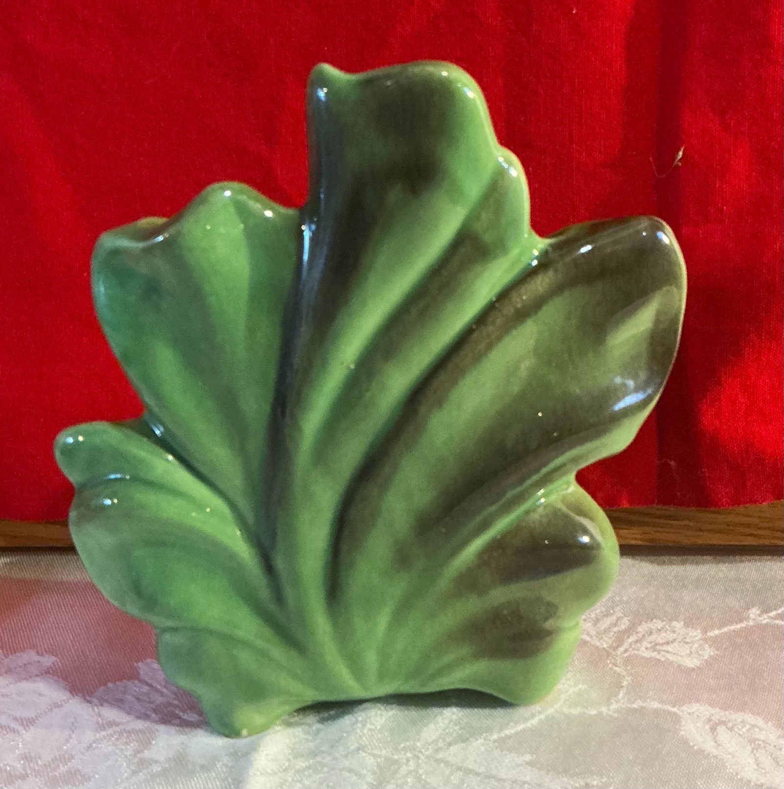 Vintage green pottery leaf shaped wall pocket