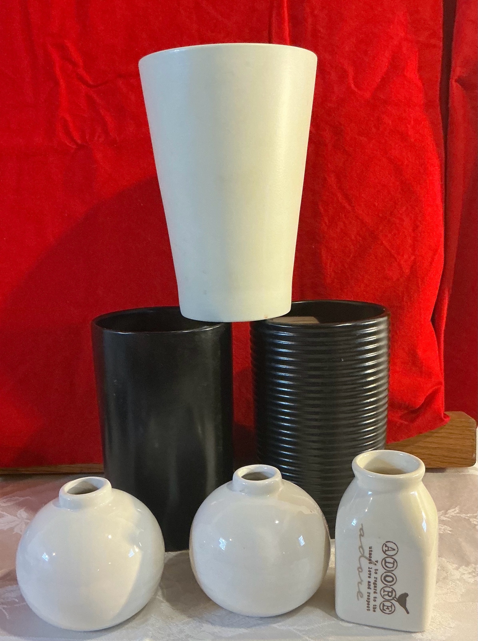 Pottery candle holders & tall vase group