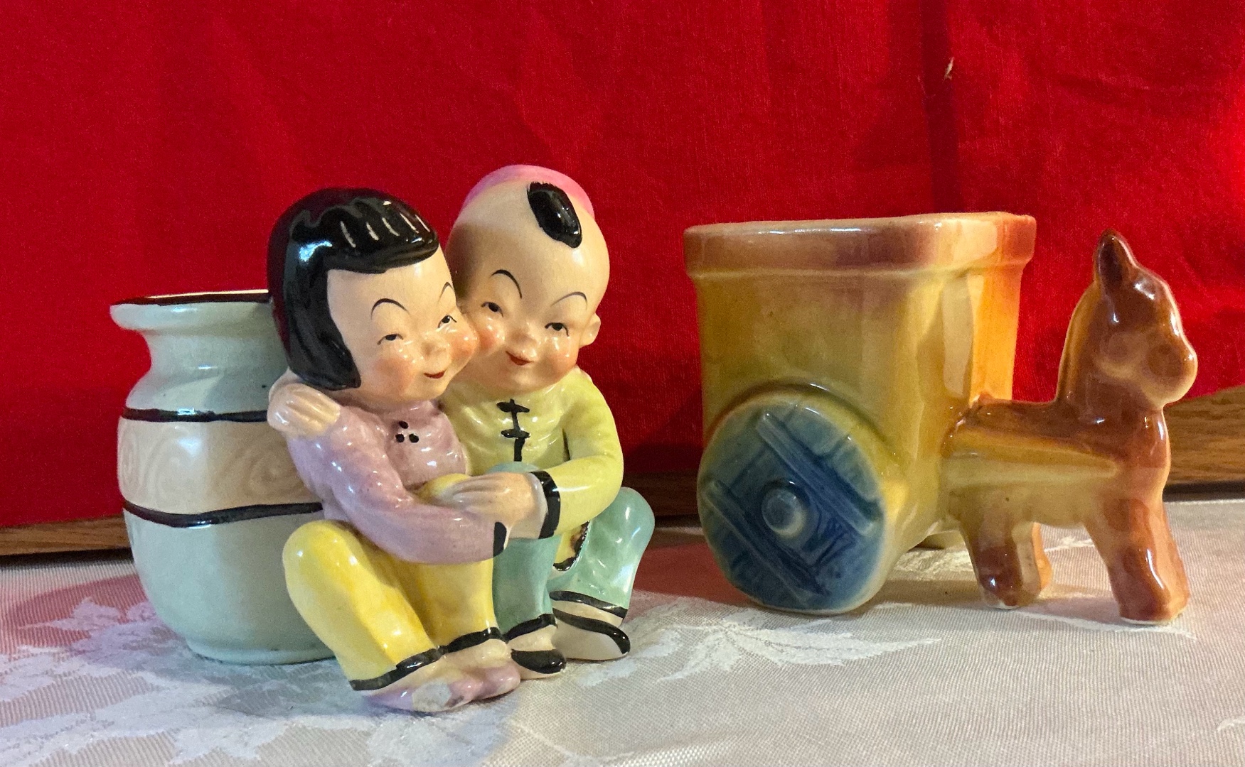 Pair vintage pottery planters Shawnee donkey, Russetti oriental couple