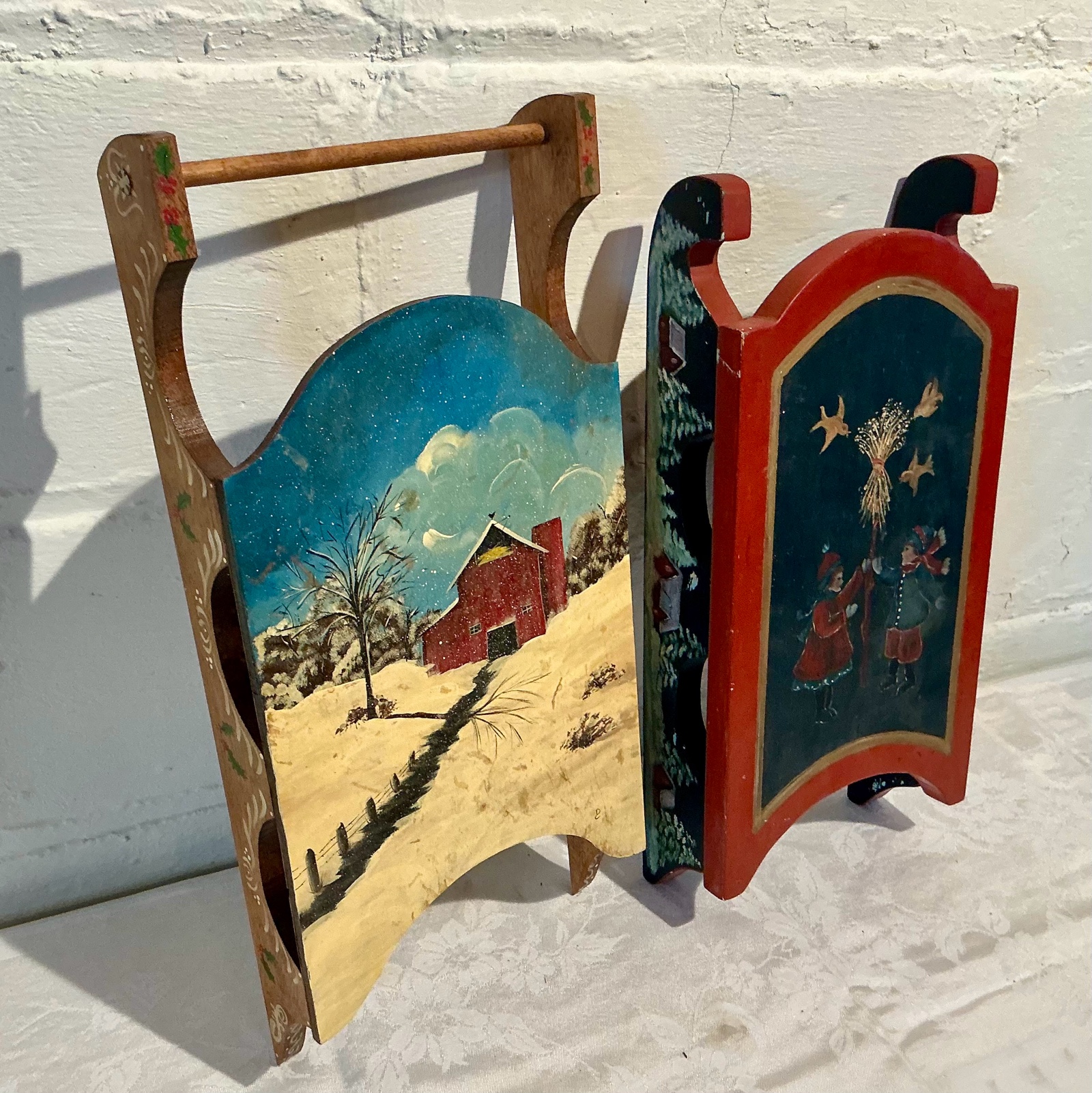 2 wood Christmas Sleighs Wall Art Hanging Hand Painted