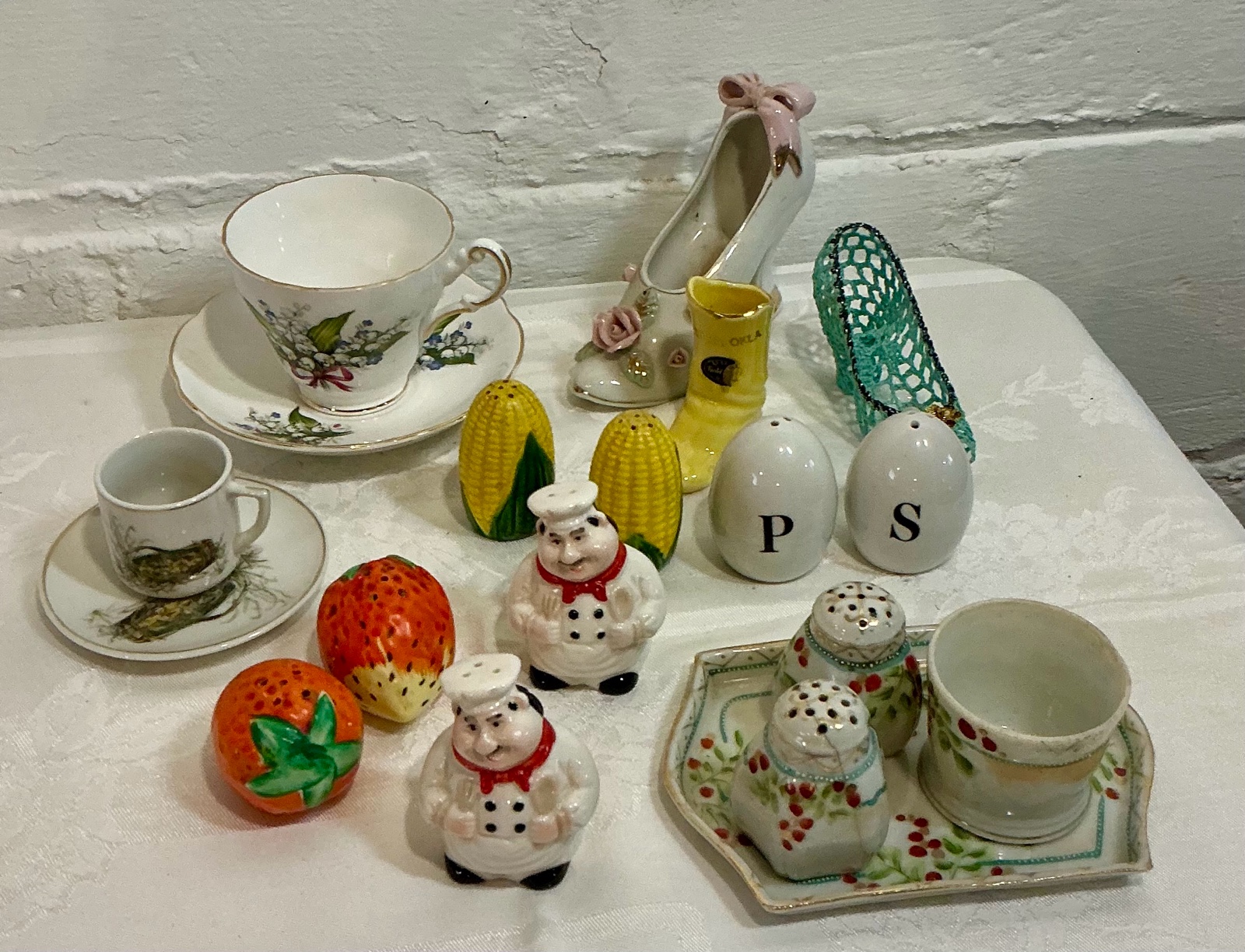 Misc china dishes, salt & pepper shakers, cups & saucers