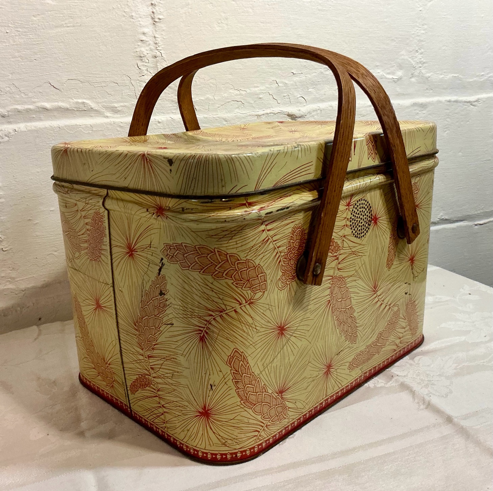 Vintage tin wood handled picnic basketsewing box