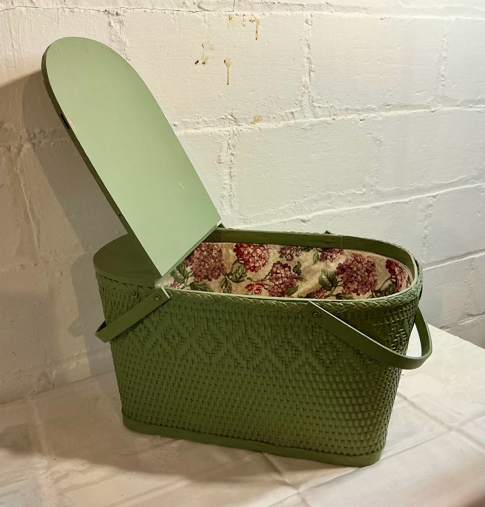 Large vintage wicker and wood green picnicsewing basket