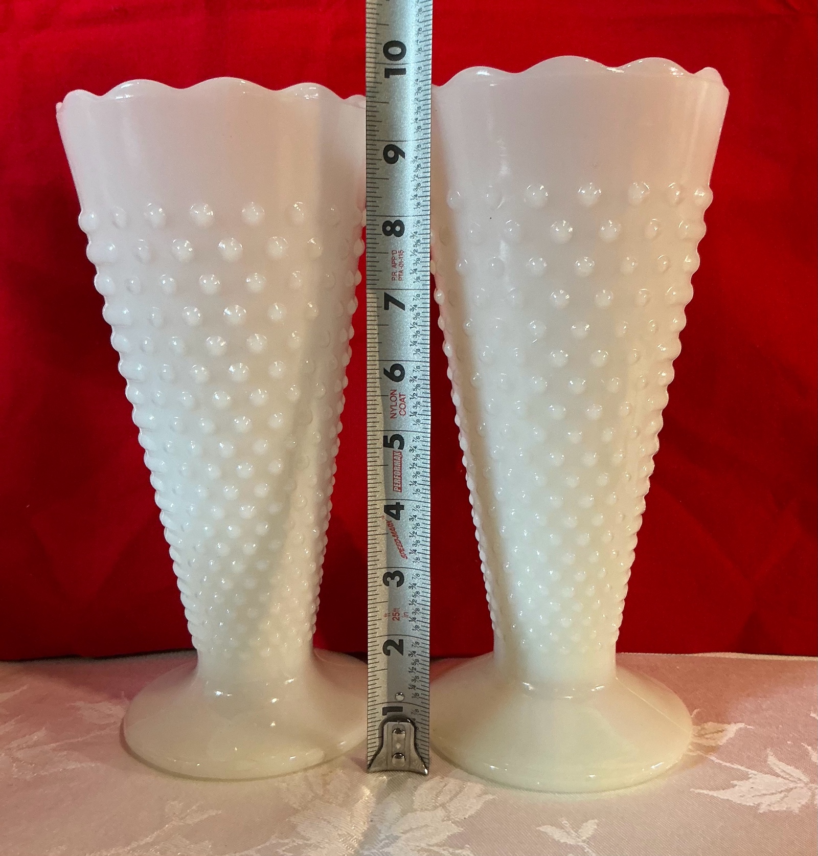2 Vintage Milk Depression Glass Hobnail Vases