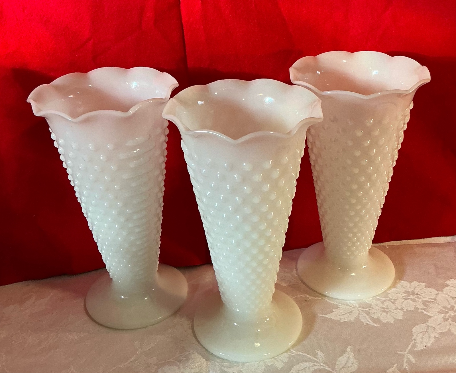 3 Vintage fluted White Milk Glass Hobnail Vases