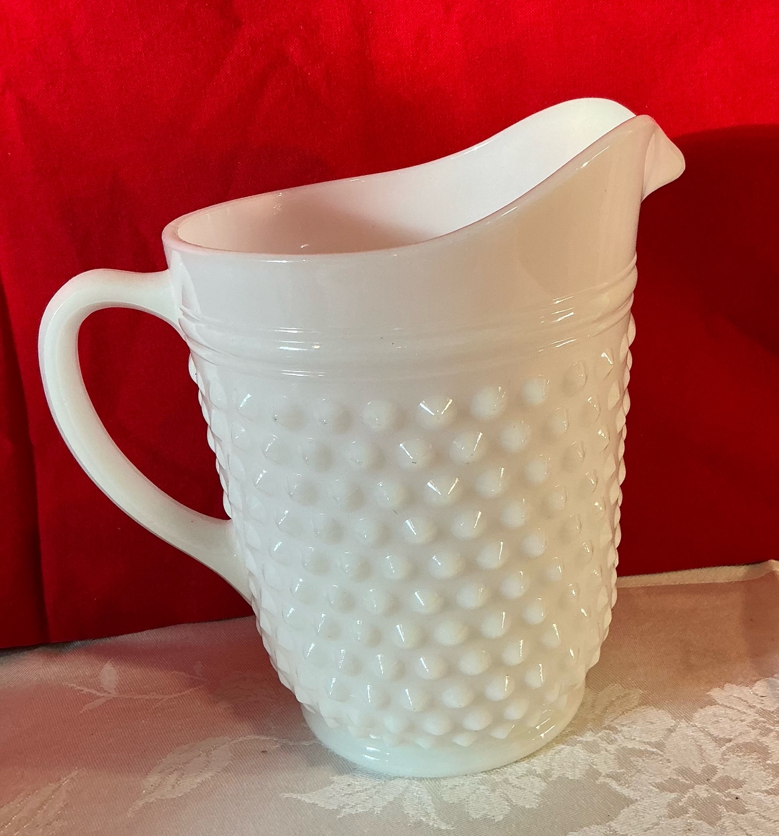 Vintage Depression white milk glass hobnail water pitcher