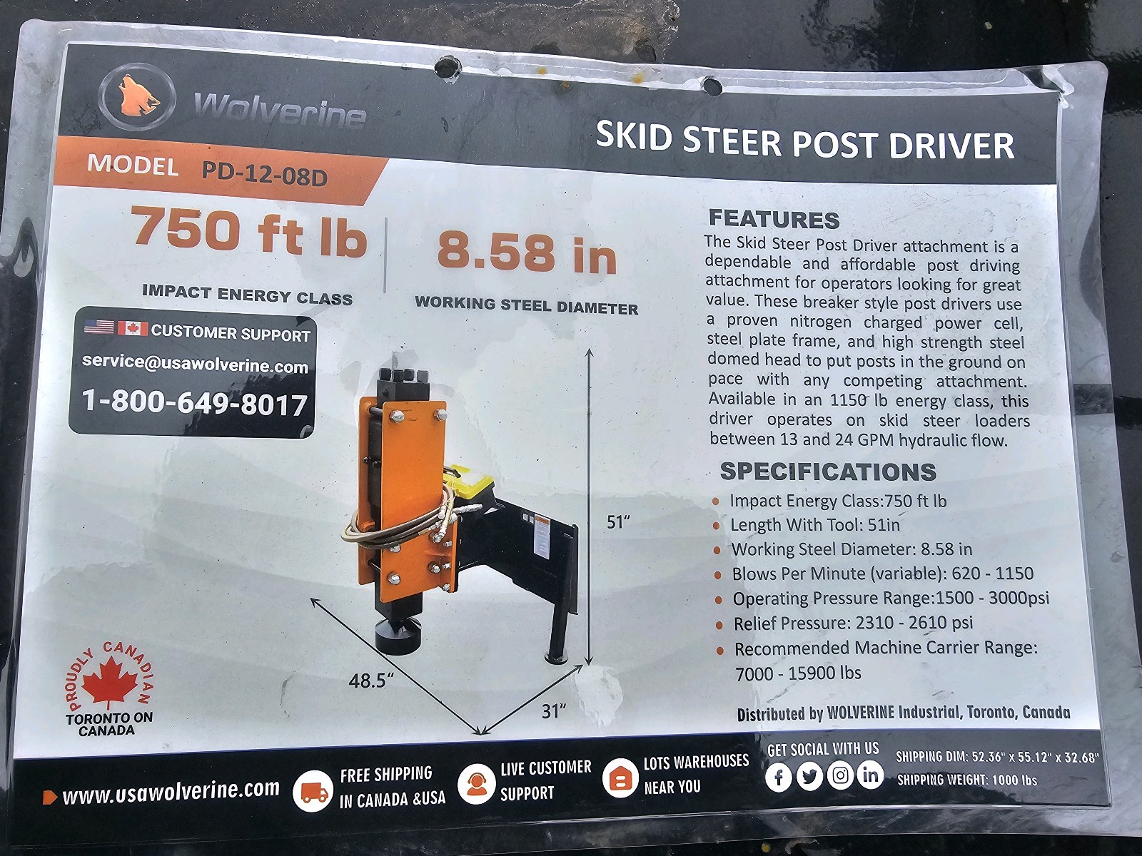 2026 Unused WOLVERINE Skid Steer Post Driver PD-12-08D