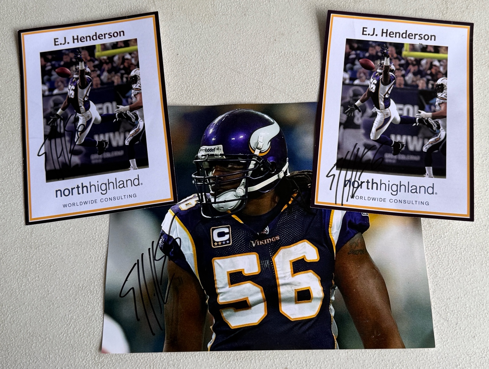 (3) EJ Henderson Autographed Minnesota Vikings Football Photo  Cards