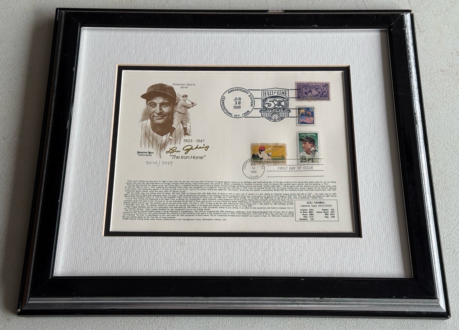 Lou Gherig Limited Edition 5989 1989 50 Years Hall of Fame Stamped First Day of Issue