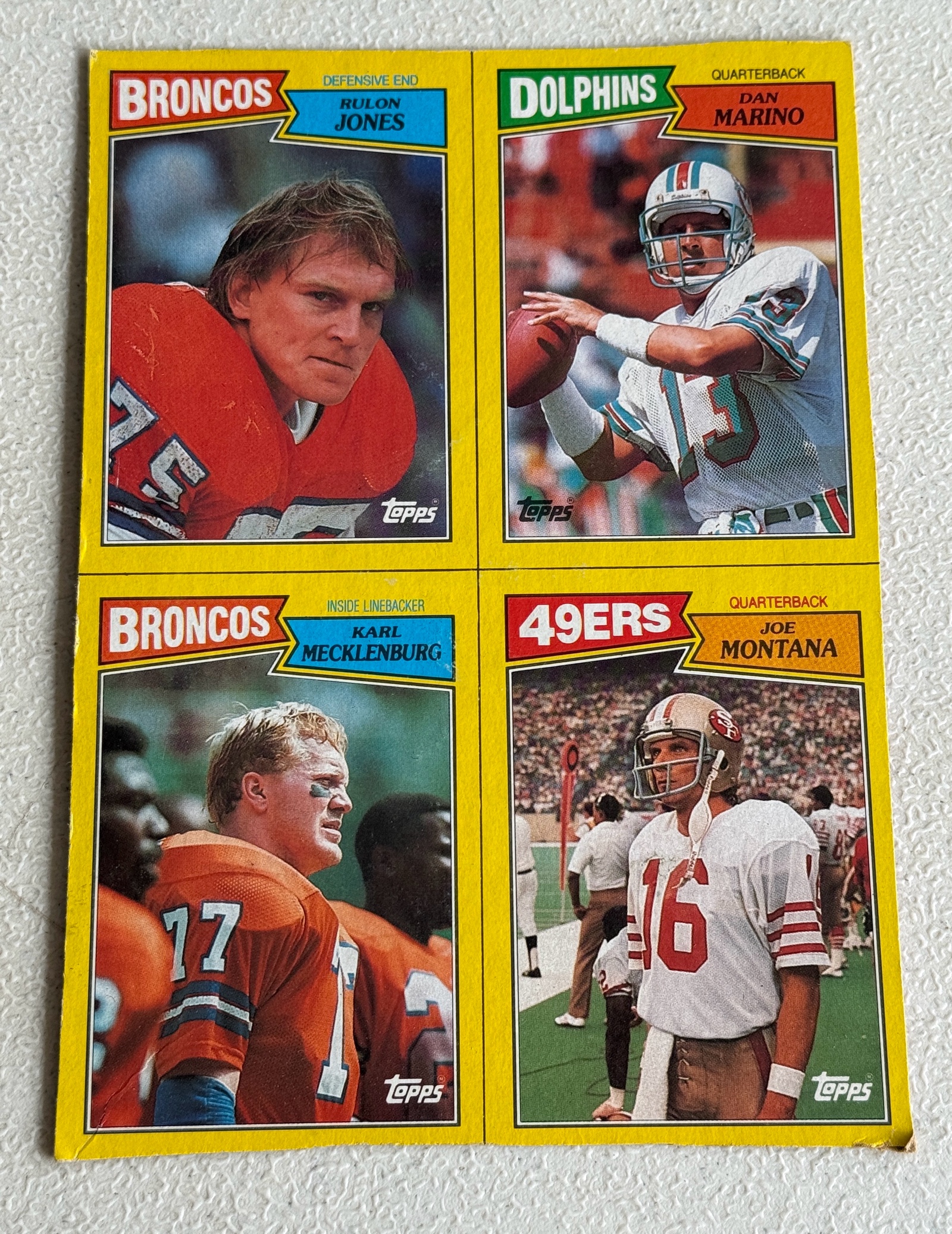 1987 Topps Football Box Bottom w Montana and Marino