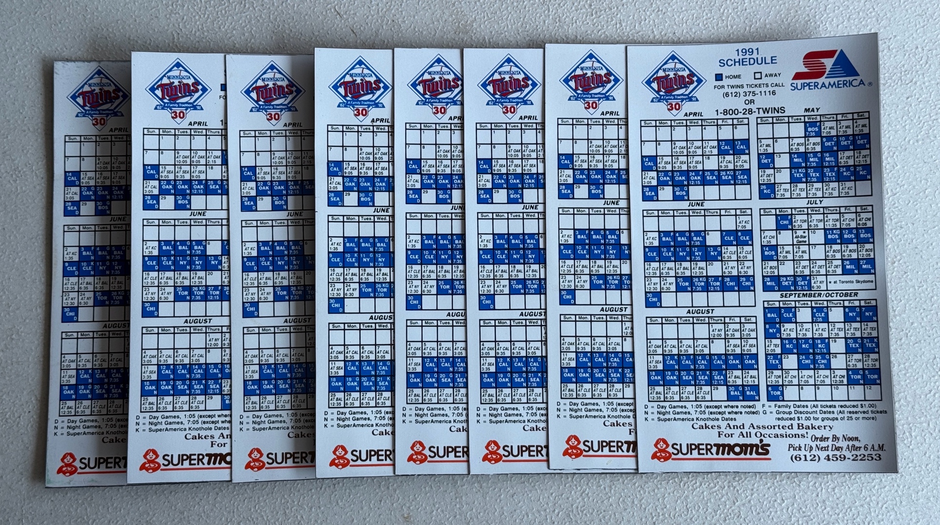 (8) 1991 Minnesota Twins SuperAmerica Magnet Baseball Schedules