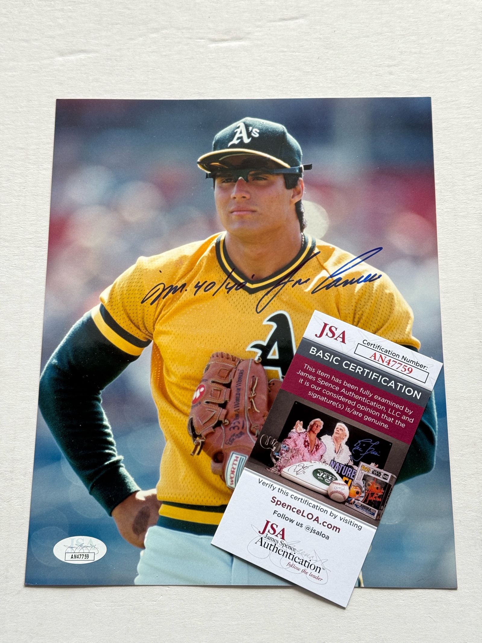 Jose Canseco Autograph With JSA COA Inscribed 4040 8x10 Baseball Photo