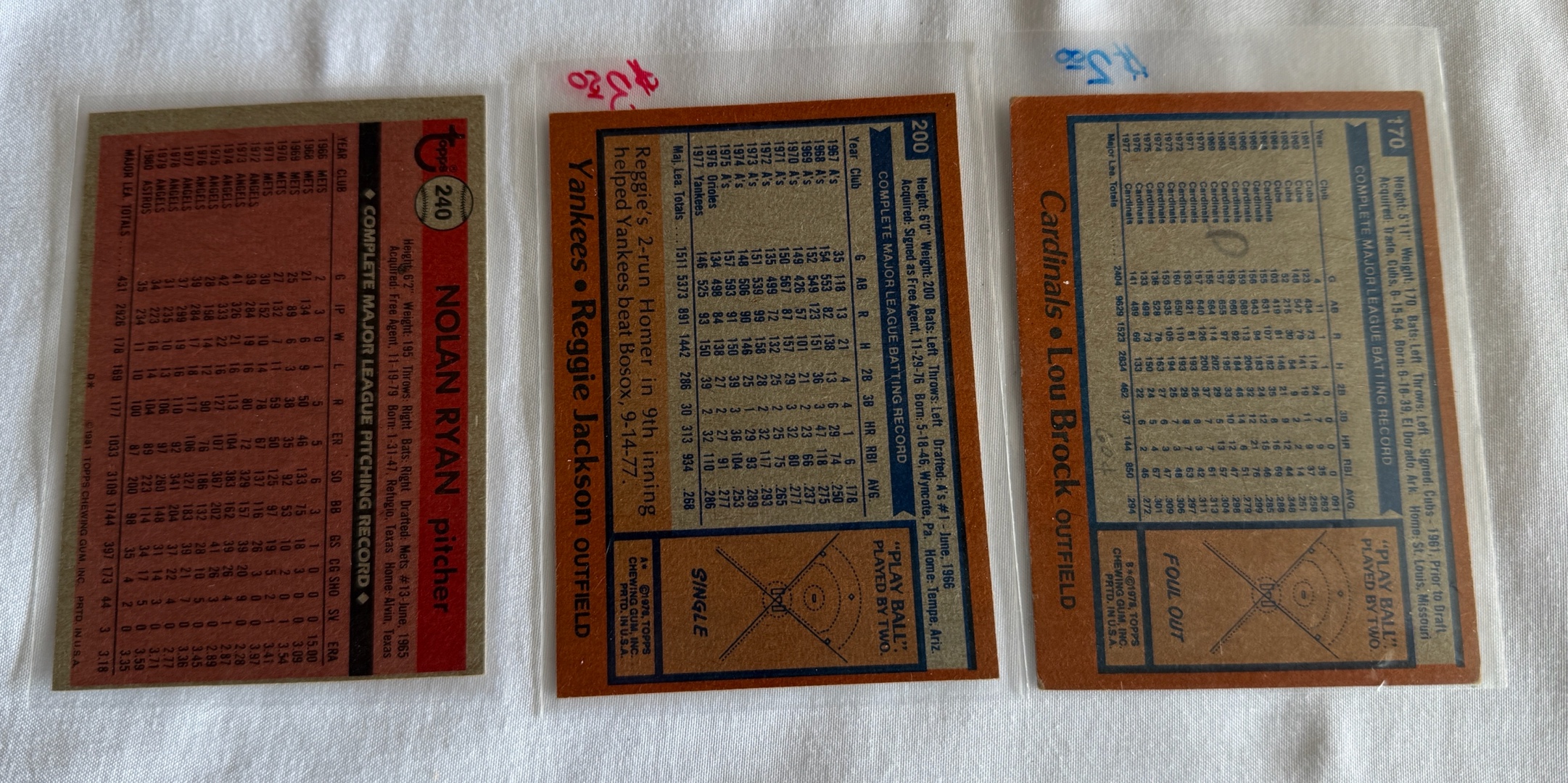 (3) Vintage Star Baseball Cards - Nolan Ryan, Reggie Jackson, Lou Brock