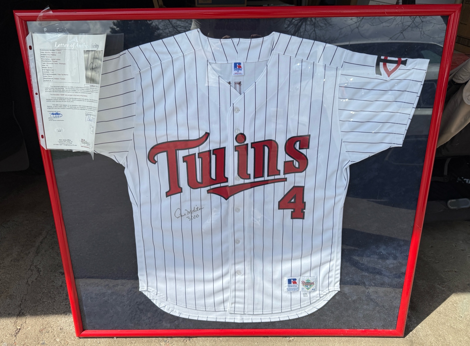 Paul Molitor Autographed Jersey Limited Edition 5000 w Full JSA Letter of Authentication, Framed (or unframed) Inscribed 3000 and Numbered 138500 Minnesota Twins Baseball