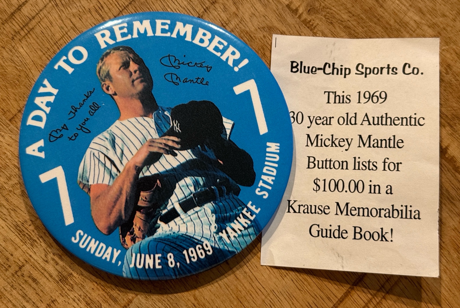 1969 Mickey Mantle Vintage Baseball Pin