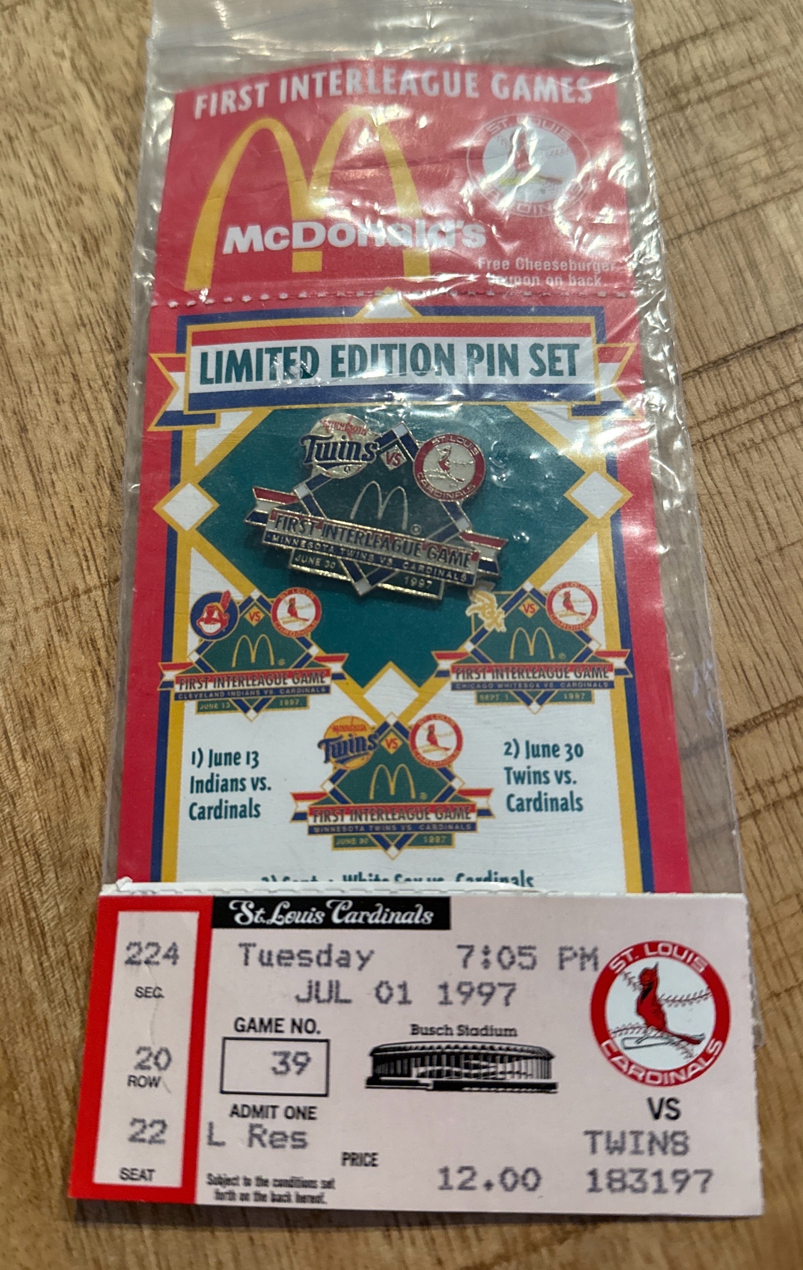 1997 Minnesota Twins vs St Louis Cardinals July 1st Ticket Stub and McDonalds Pin - 1st Interleague Games