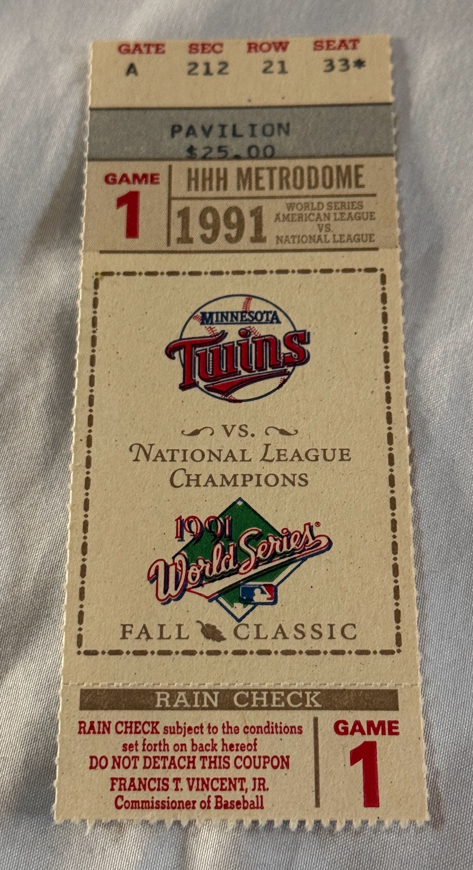 1991 World Series Game 1 Ticket - Minnesota Twins