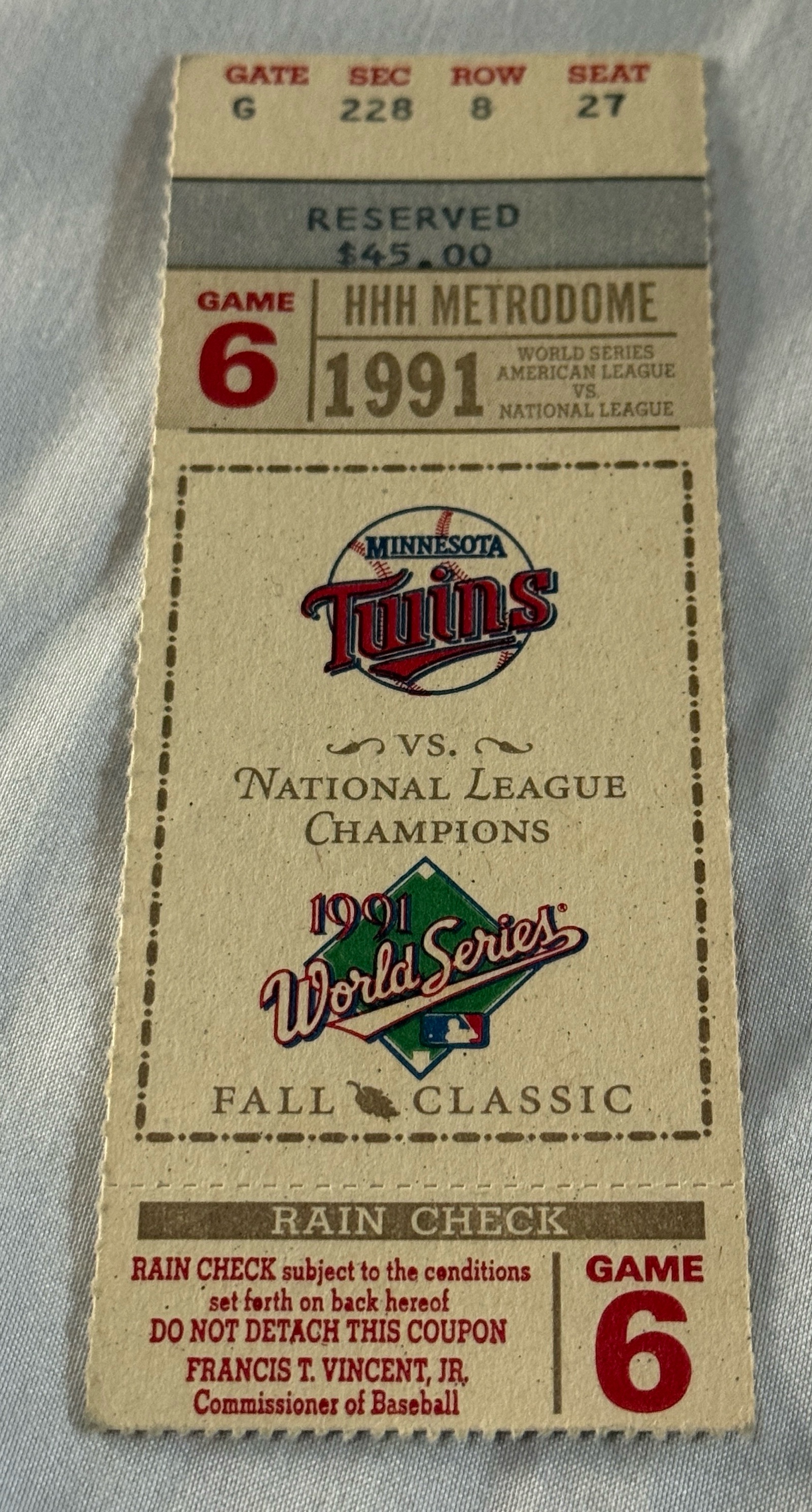 1991 World Series Game 6 Ticket - Minnesota Twins
