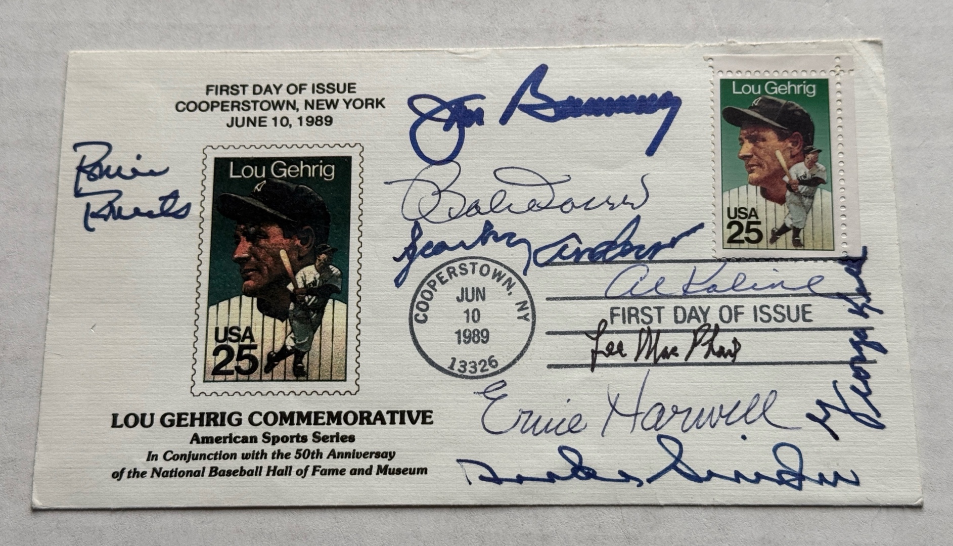 1989 Lou Gherig Stamp First Day of Issue Cover Autographed by - Jim Bunning, Robin Roberts, Ernie Harwell, Sparky Anderson, Al Kaline, Bob Doerr, Lee MacPhail, Duke Snider, George Kell with full JSA Letter of Authentication