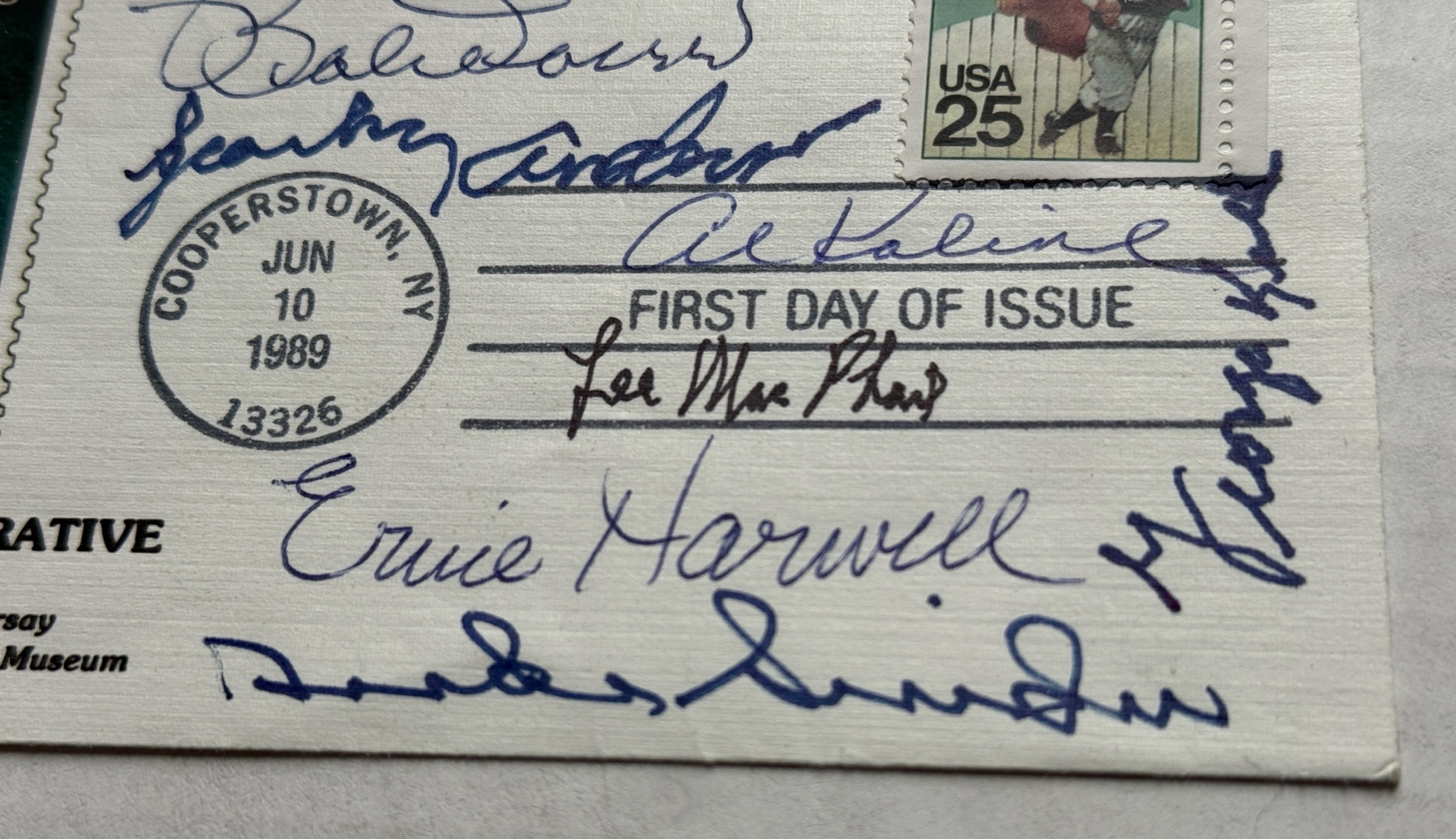 1989 Lou Gherig Stamp First Day of Issue Cover Autographed by - Jim Bunning, Robin Roberts, Ernie Harwell, Sparky Anderson, Al Kaline, Bob Doerr, Lee MacPhail, Duke Snider, George Kell with full JSA Letter of Authentication