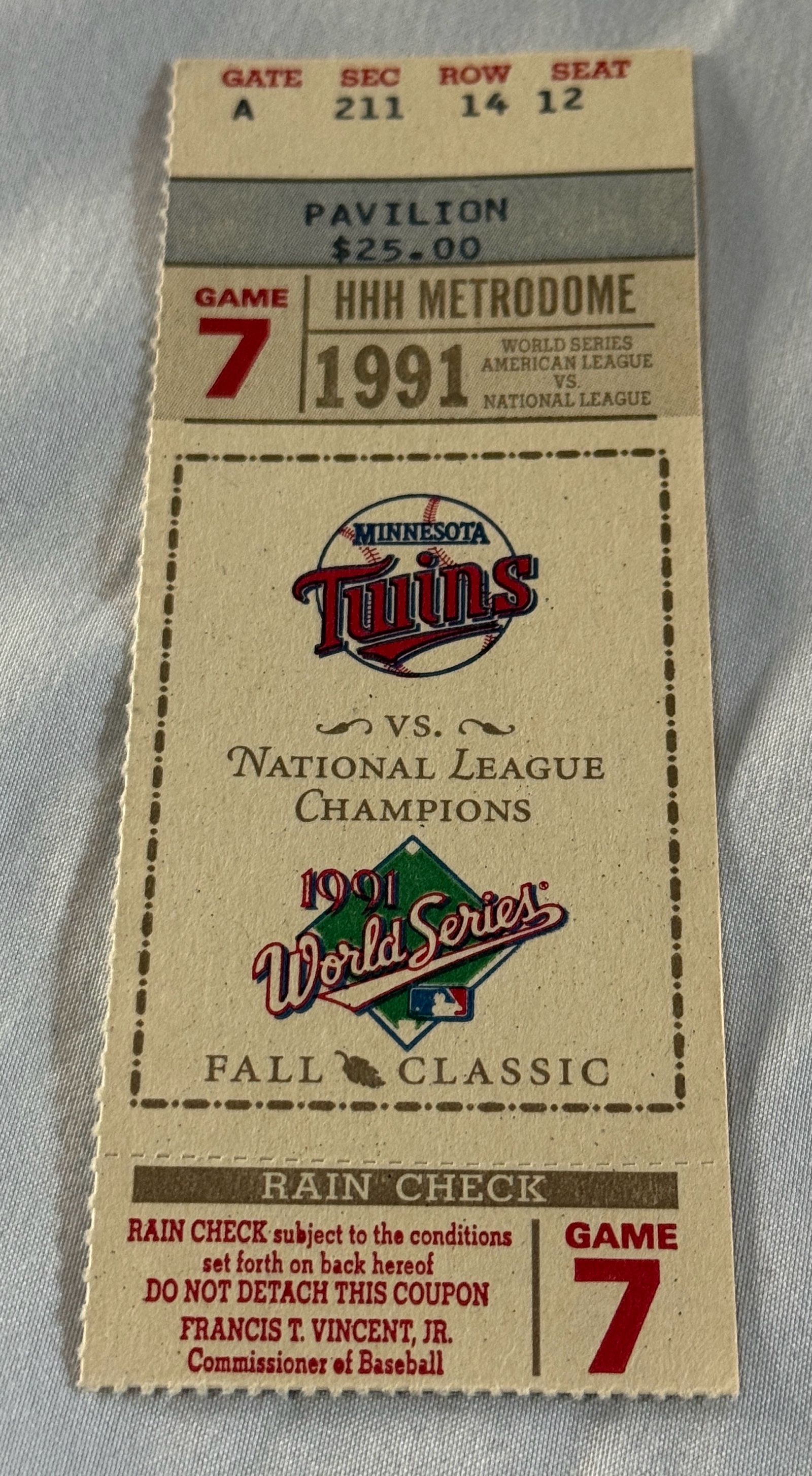 1991 World Series Game 7 Ticket - Minnesota Twins