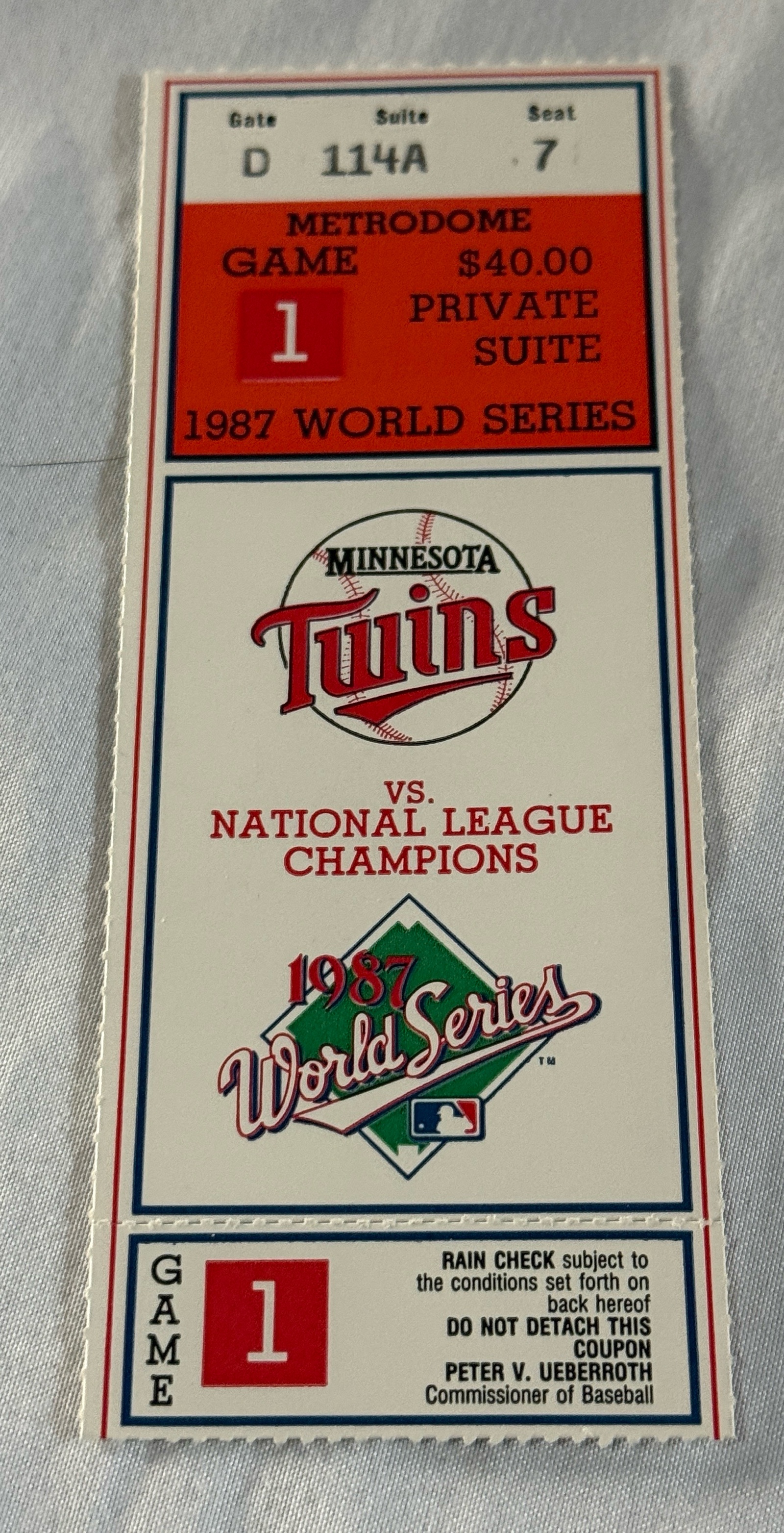 1987 World Series Game 1 Ticket - Minnesota Twins