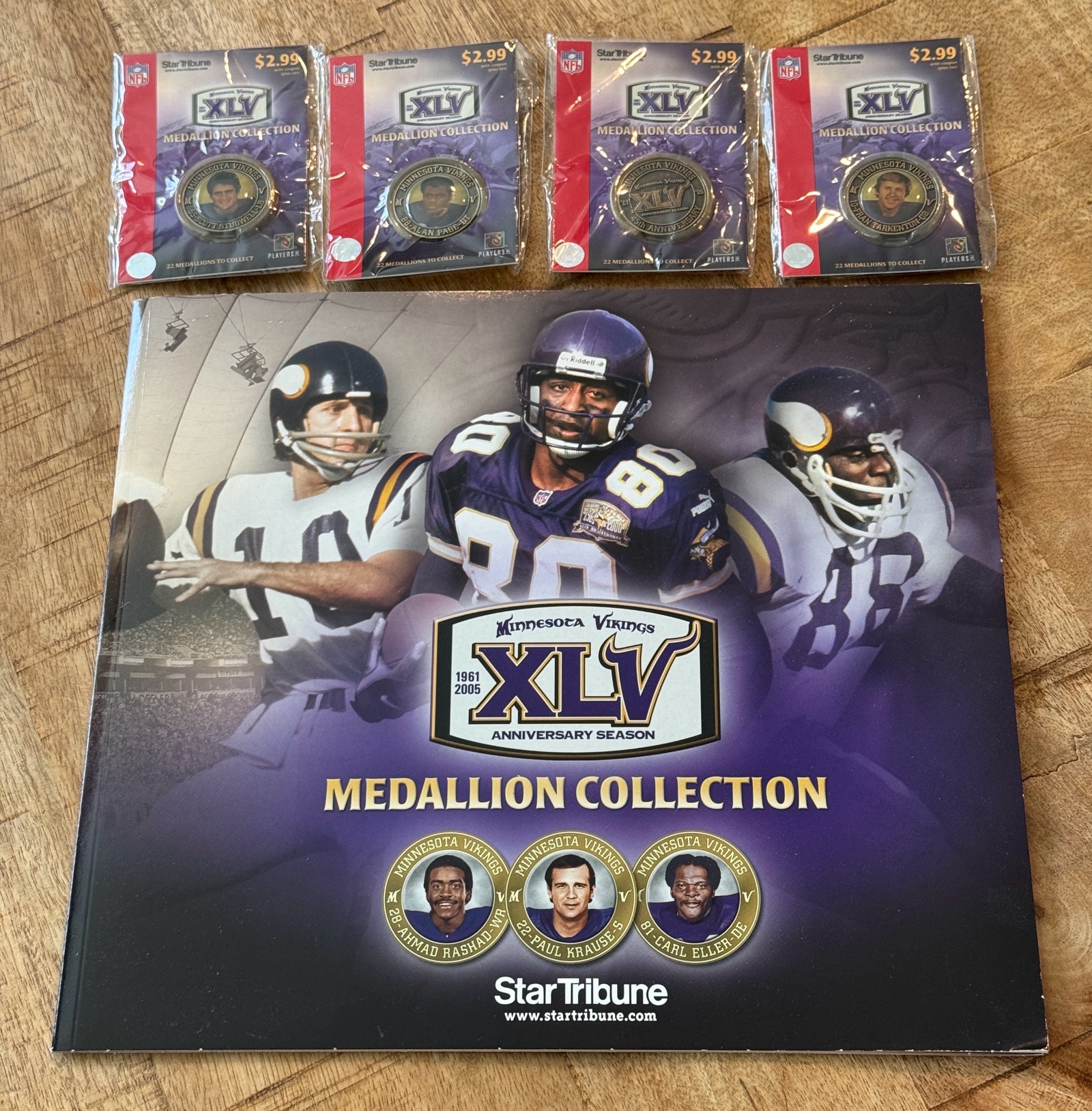 Minnesota Vikings Football 45 Year Anniversary Star Stribume Medallion Album w 4 Medallions