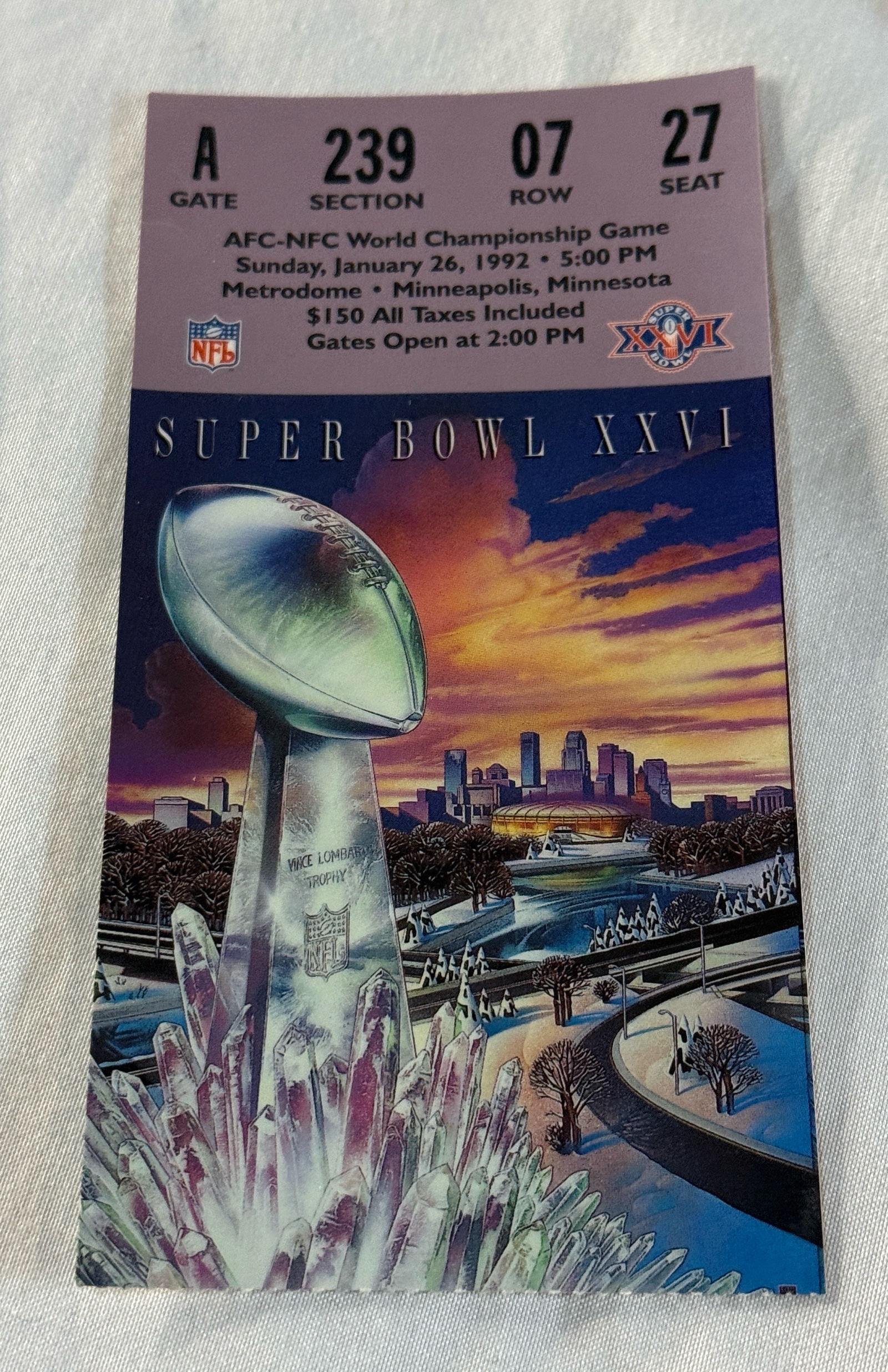 Super Bowl XXVI Game Ticket 1992 - Washington Redskins vs. Buffalo Bills