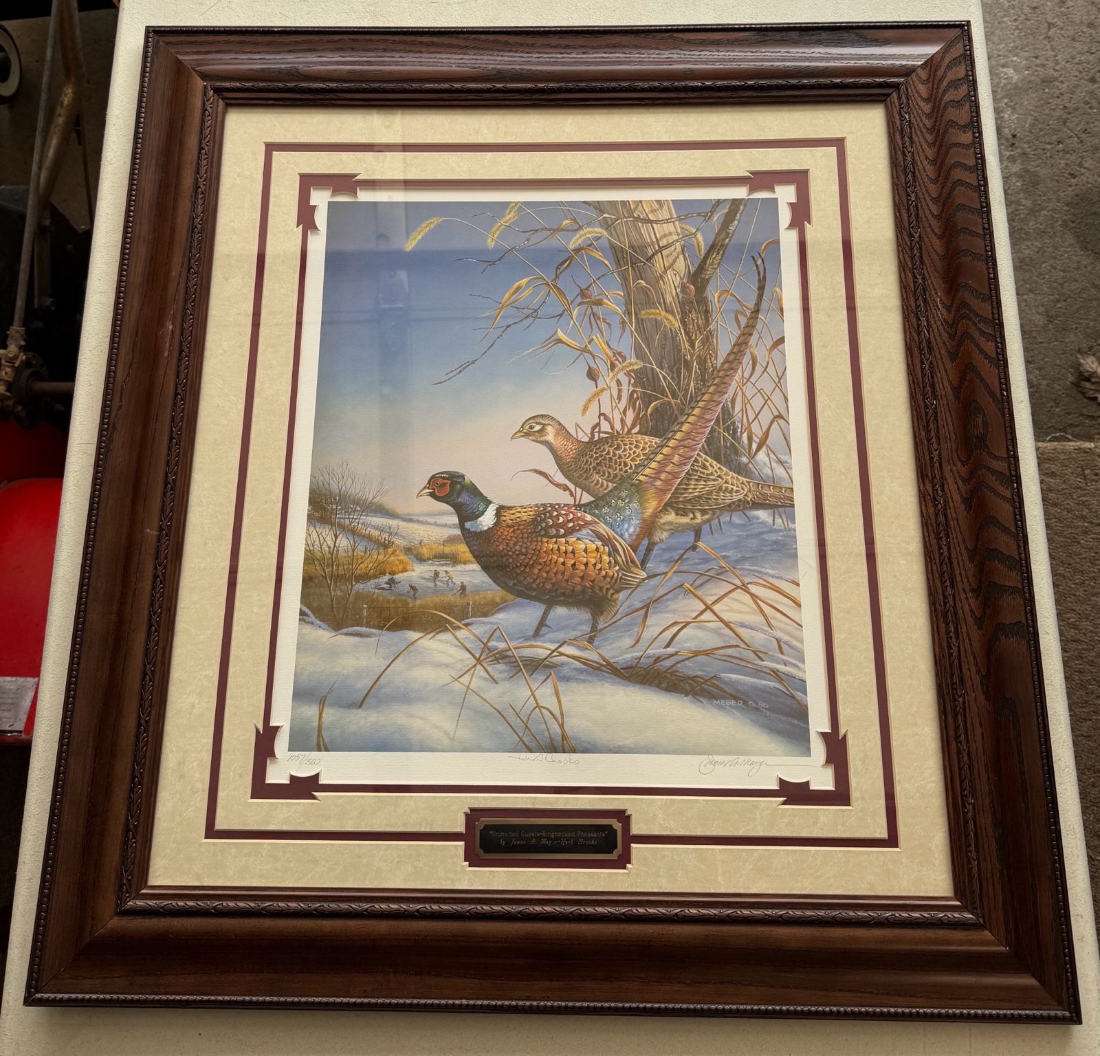 Herb Brooks Autographed Uninvited Guests - Ringnecked Pheasants by James Meger, Framed and Matted