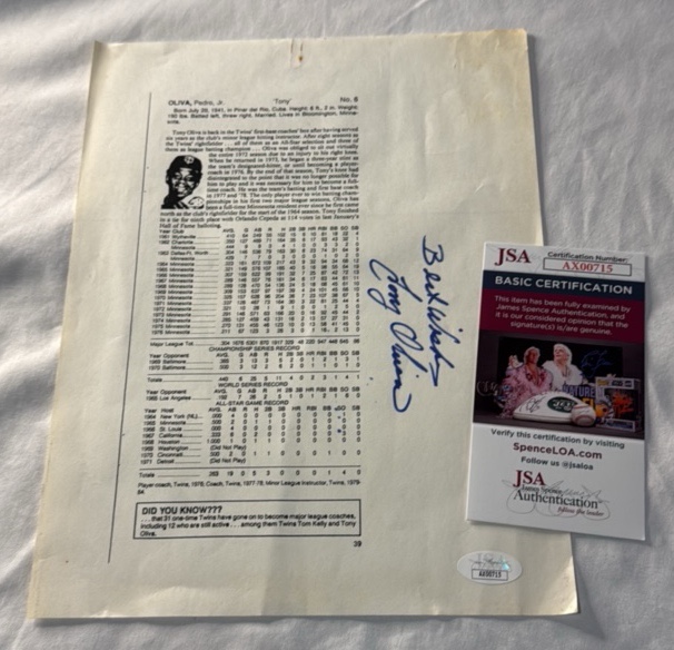 Tony Oliva Autographed With JSA COA Stat Sheet - Minnesota Twins Baseball