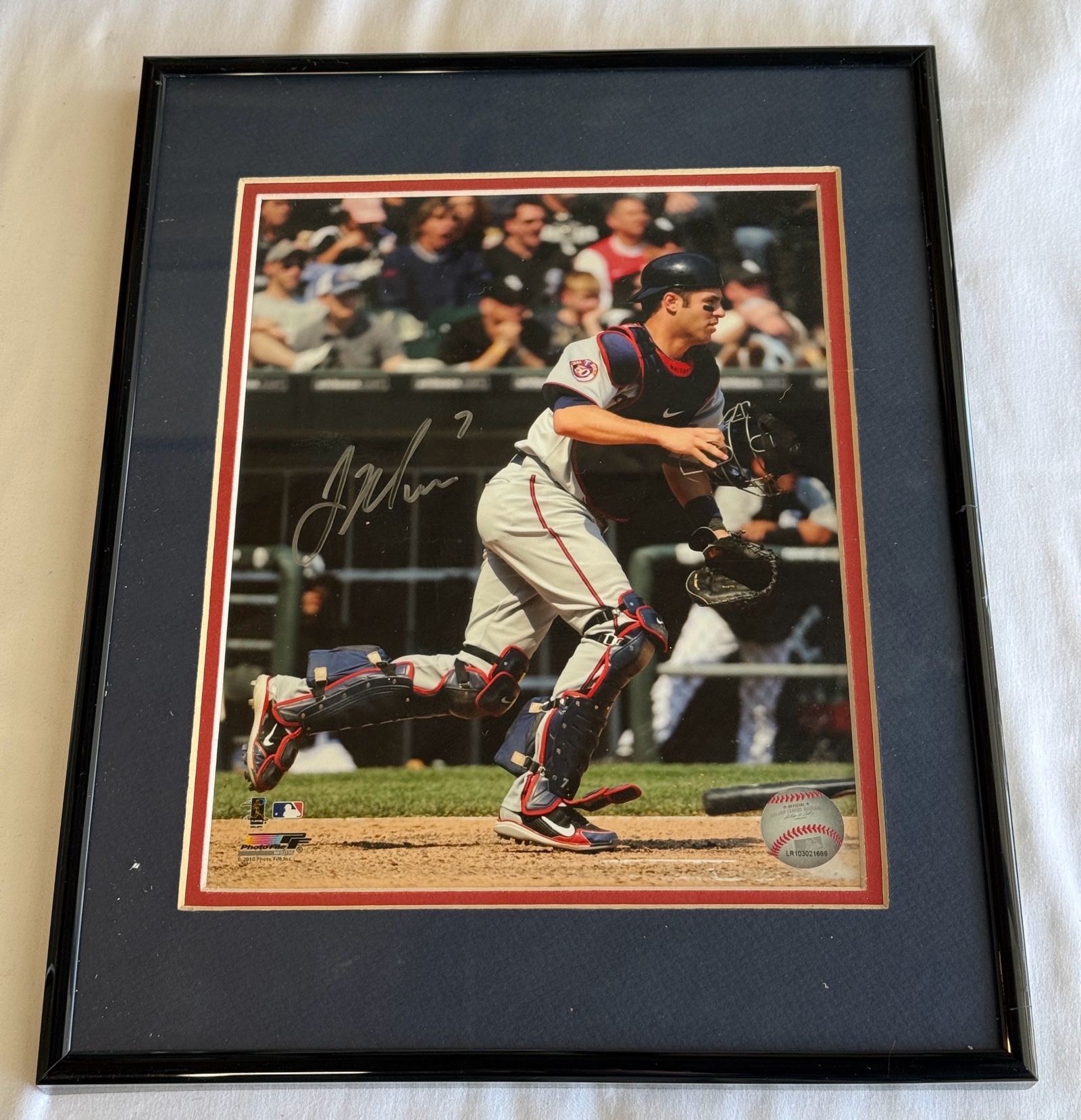 Joe Mauer Autographed w MLB COA Framed and Matted Minnesota Twins Baseball Photo